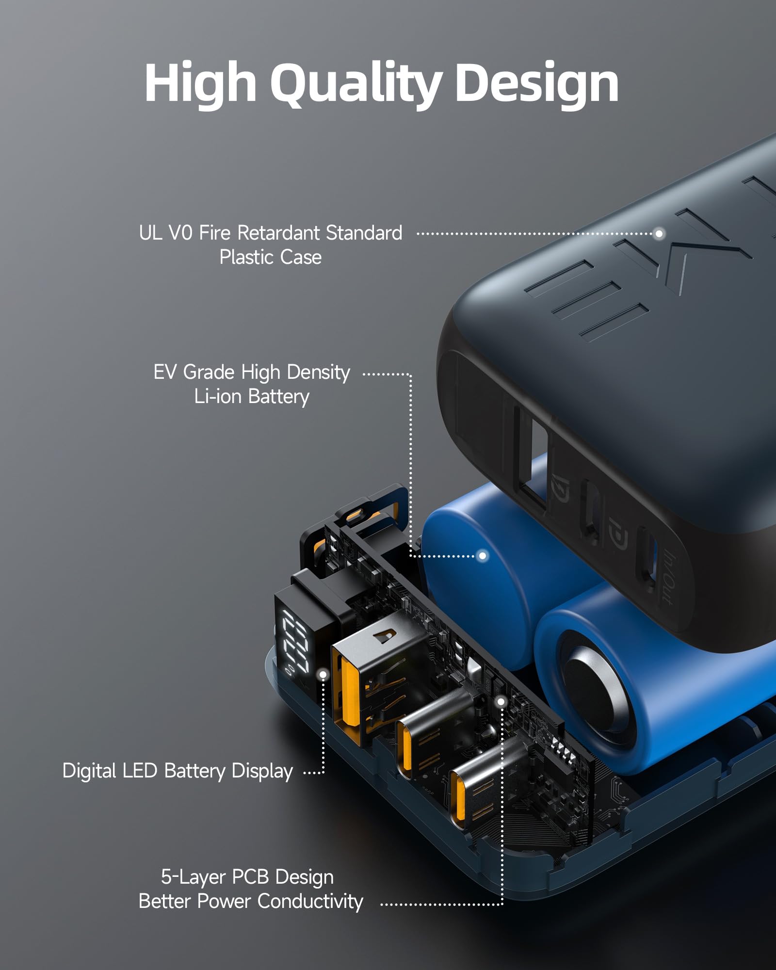 VOLTME Power Bank 10,000mAh 38.5Wh, Caricatore Portatile Ricarica Rapida 3-Port Hypercore 10K Sling blu, Batteria esterna compatta a ricarica rapida a 3 porte con cavo integrato per i viaggi