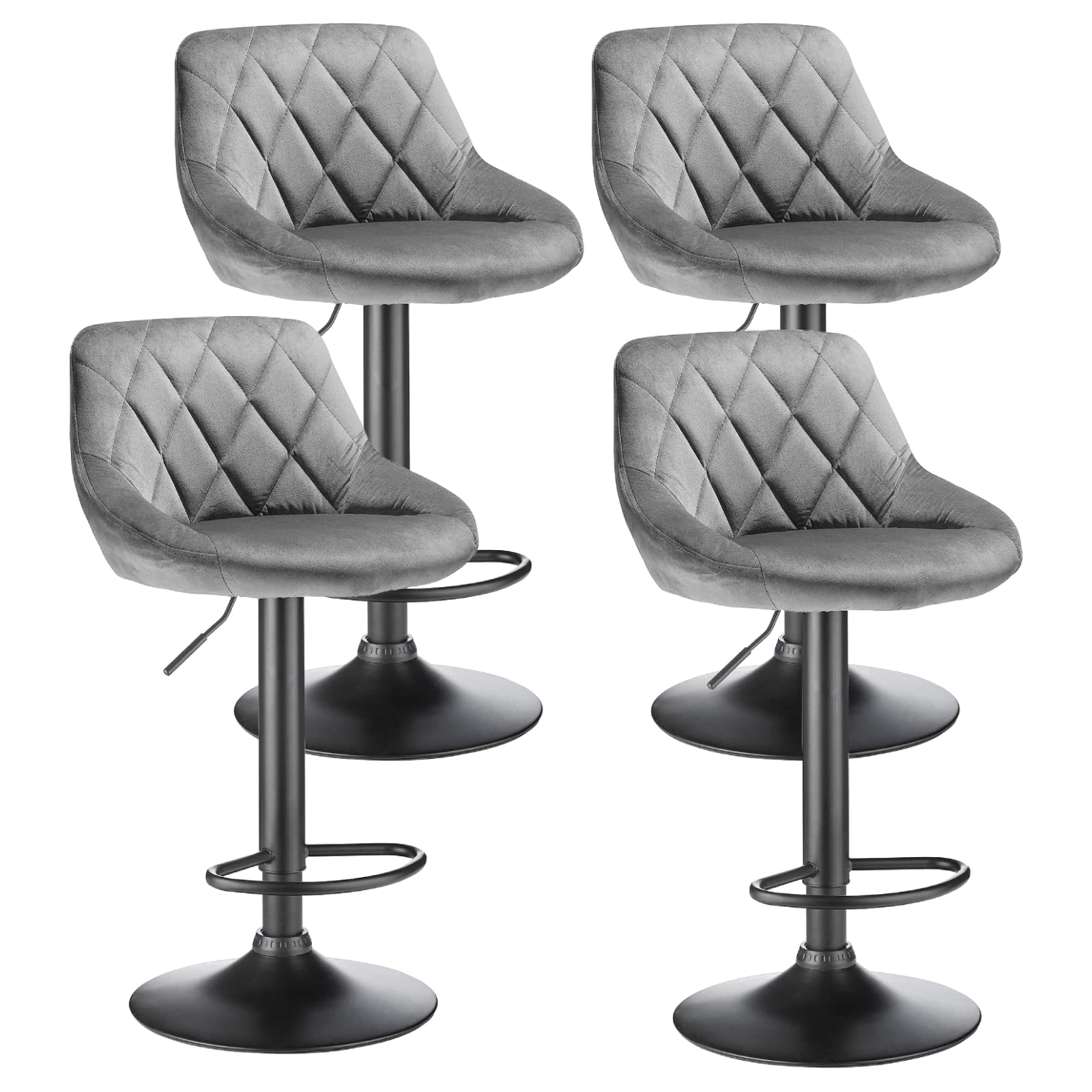 Set of 4 Velvet Kitchen High Stools, Height Adjustable (84.5-105 cm) cm, Bar Stool with Backrest and Footrest, High Kitchen Chairs 360° Rotate, Kitchen High Stool (Light Grey)