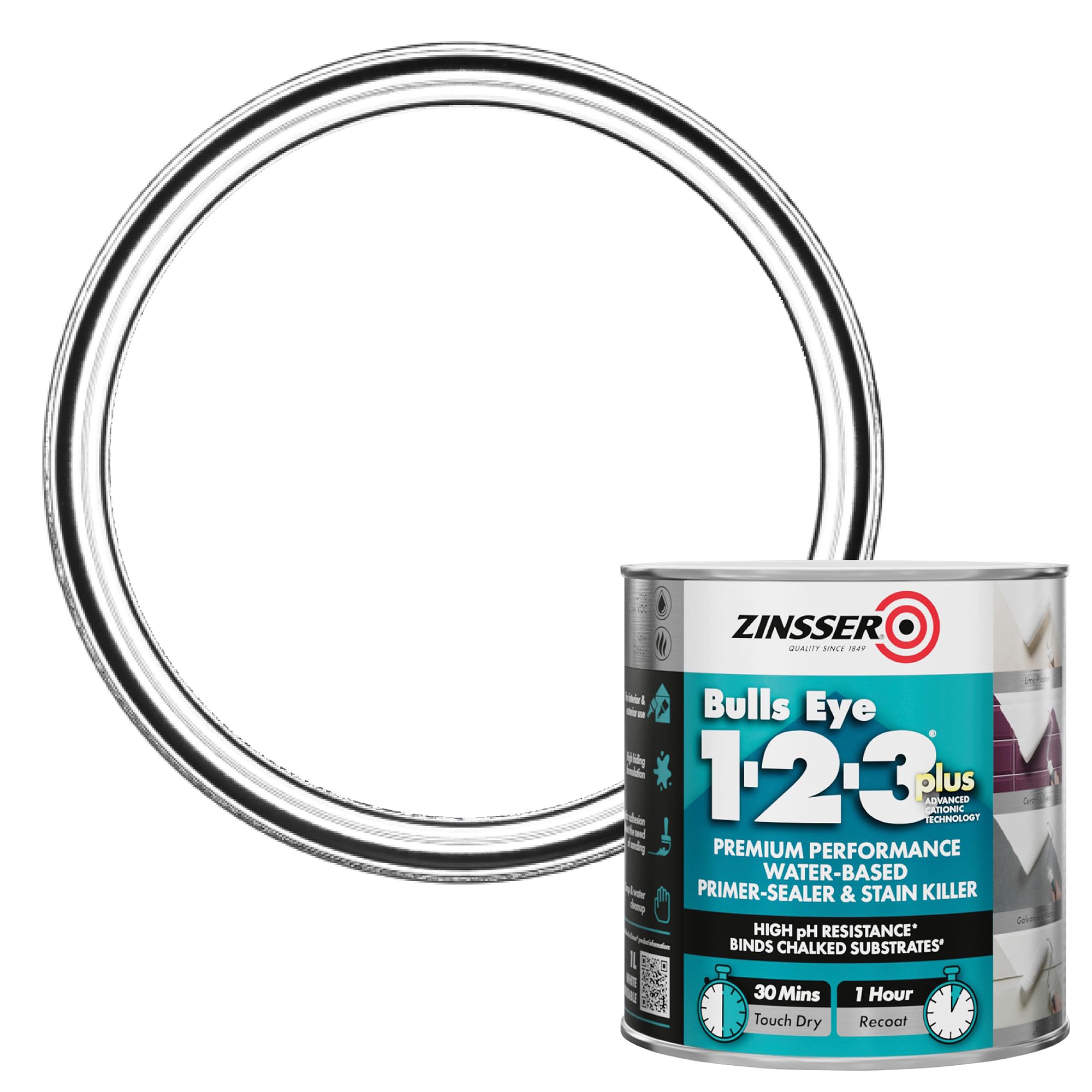 Zinsser Bulls Eye 123 Plus Primer White 1L - Water-Based Sealer & Stain Killer