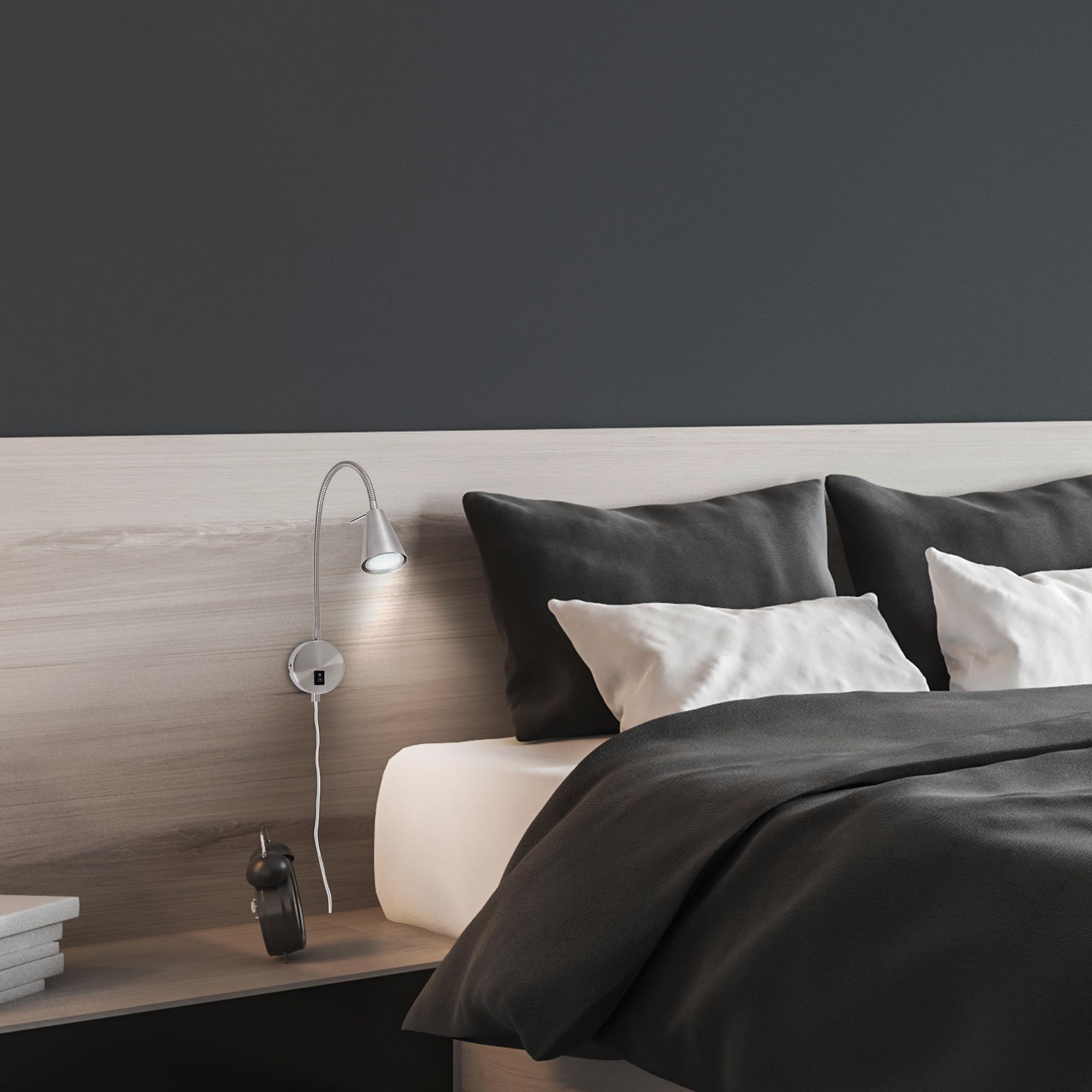 Briloner Leuchten - Lampada da letto a LED,braccio flessibile, incluso interruttore on/off, 4 watt,400 lumen,3.000 Kelvin, metallo,4 W, nichel opaco,450x205 mm (HxA), base: 80 mm (D), testa: 58 mm (D)