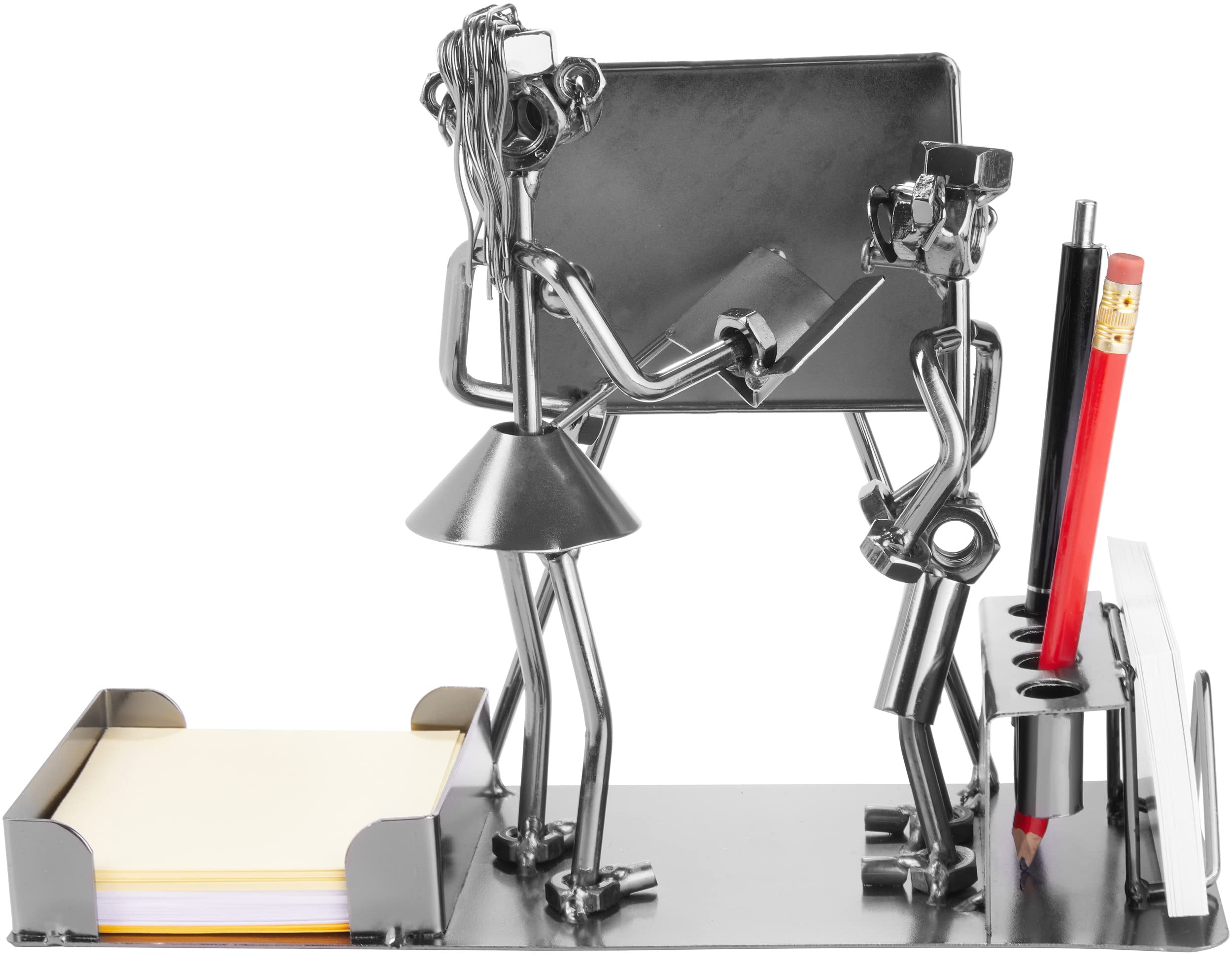 BRUBAKER Schraubenmännchen Lehrerin mit Stiftehalter - Handarbeit Eisenfigur Schule Metallmännchen mit Visitenkartenhalter und Fach für Notizzettel - Metallfigur Geschenkidee