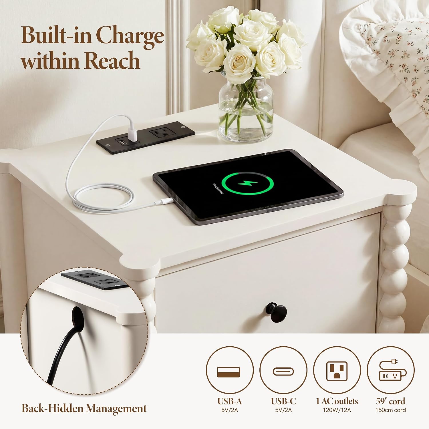 Afuly White Night Stand Vintage Nightstand Bedside Table with Charging Station, Wood Nightstands Organizer Bed Side Table with 2 Drawers, Beaded Narrow Farmhouse End Table for Bedroom Small Spaces