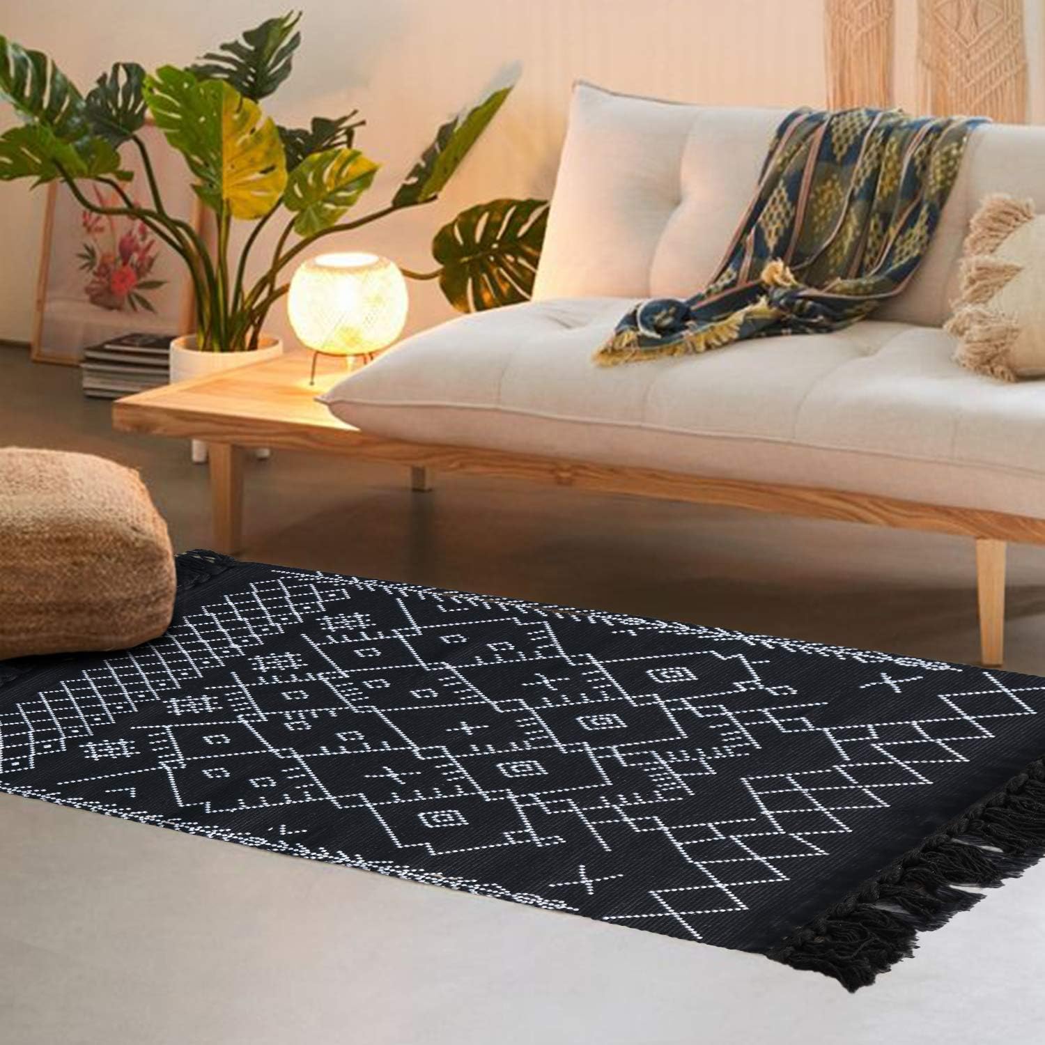 Boho Rug Runner 2' x 3', Black White Bathroom Rug, Farmhouse Cotton Woven Small Tassels Fringe Area Rug for Kitchen Laundry Bedroom Doorway, Black