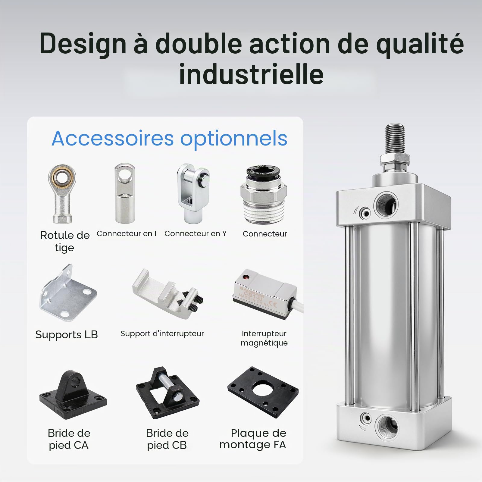 BAOMAIN Cylindre pneumatique SC 63-200, alésage 63 mm, course 200 mm, port PT 1/8'', double action à tige unique, tige filetée M16×1,5, avec 2 raccords à pousser (SC63-200)