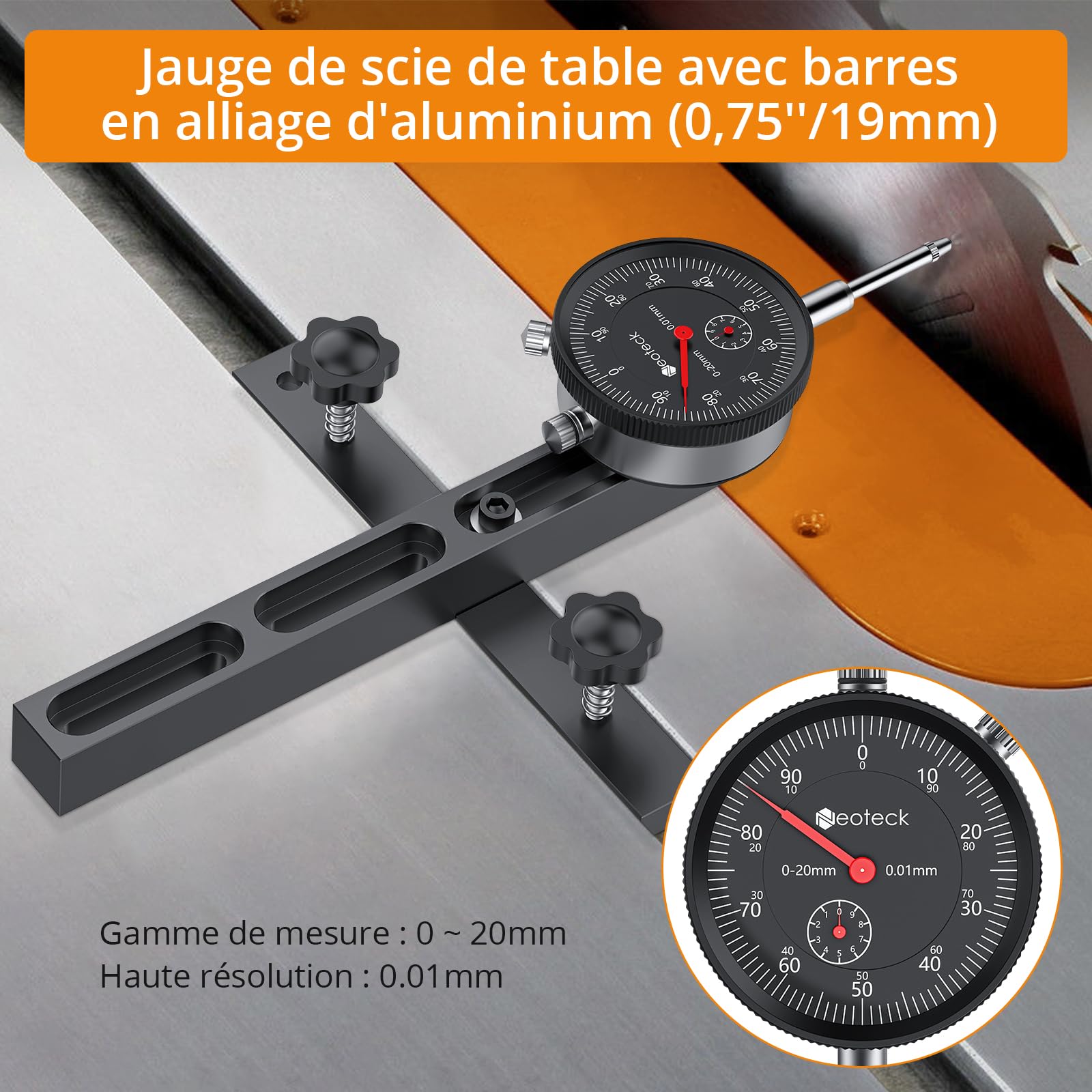 Neoteck 0-20mm Comparateur Mécanique pour Scie à Table Résolution 0.01mm avec Barre en Aluminium Anodisé Fixation à Trois Glissières Indicateur à Cadran Mécanique pour Scies Circulaires à Table-Noir