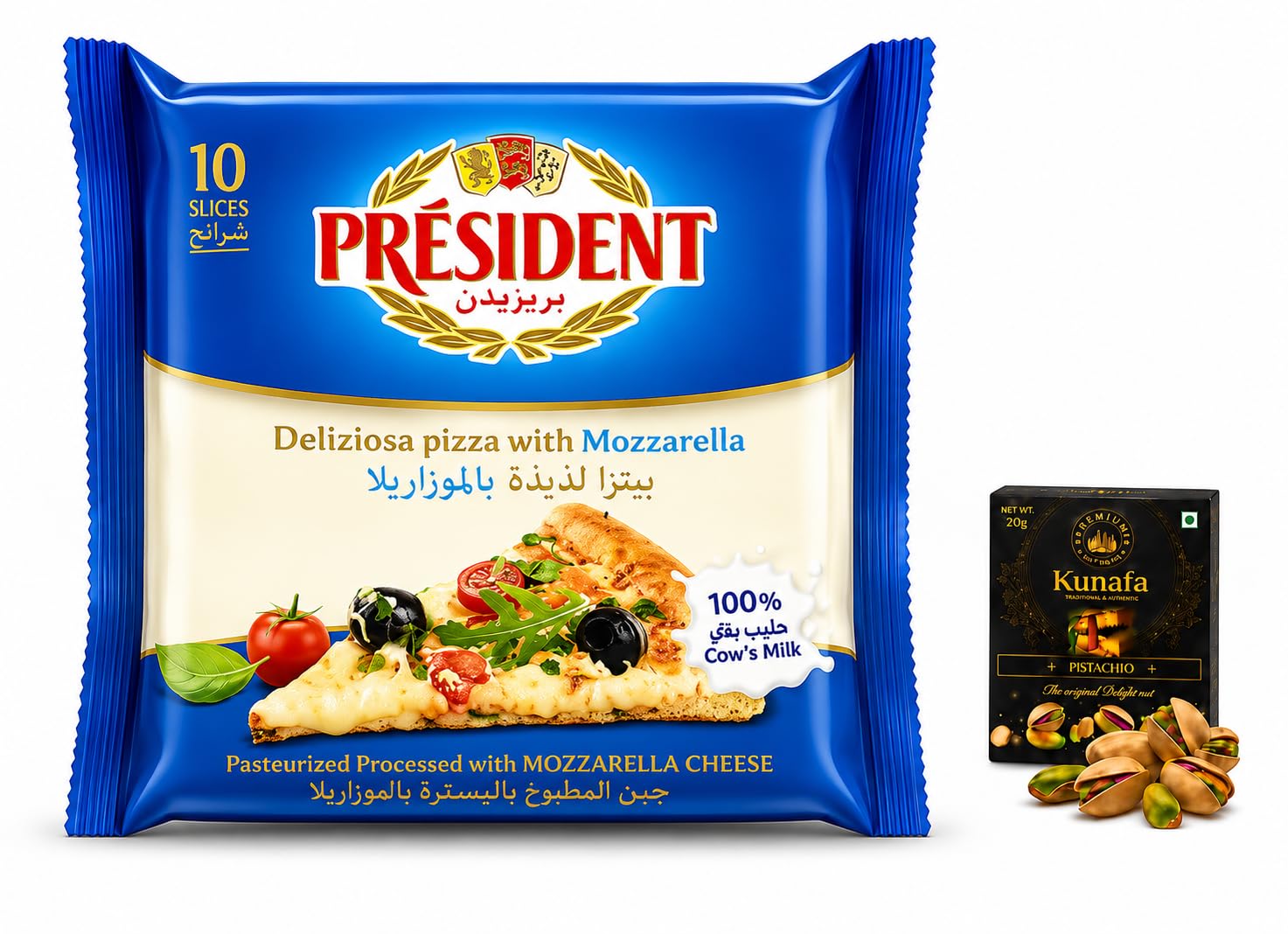 President Mozzarella Cheese Slices, Pasteurized Processed, 100% Cow's Milk, 10 Slices with Free Flavourito Kunafa Pistachio Chocolate Bar, 20g By Decadent Foods-image-26