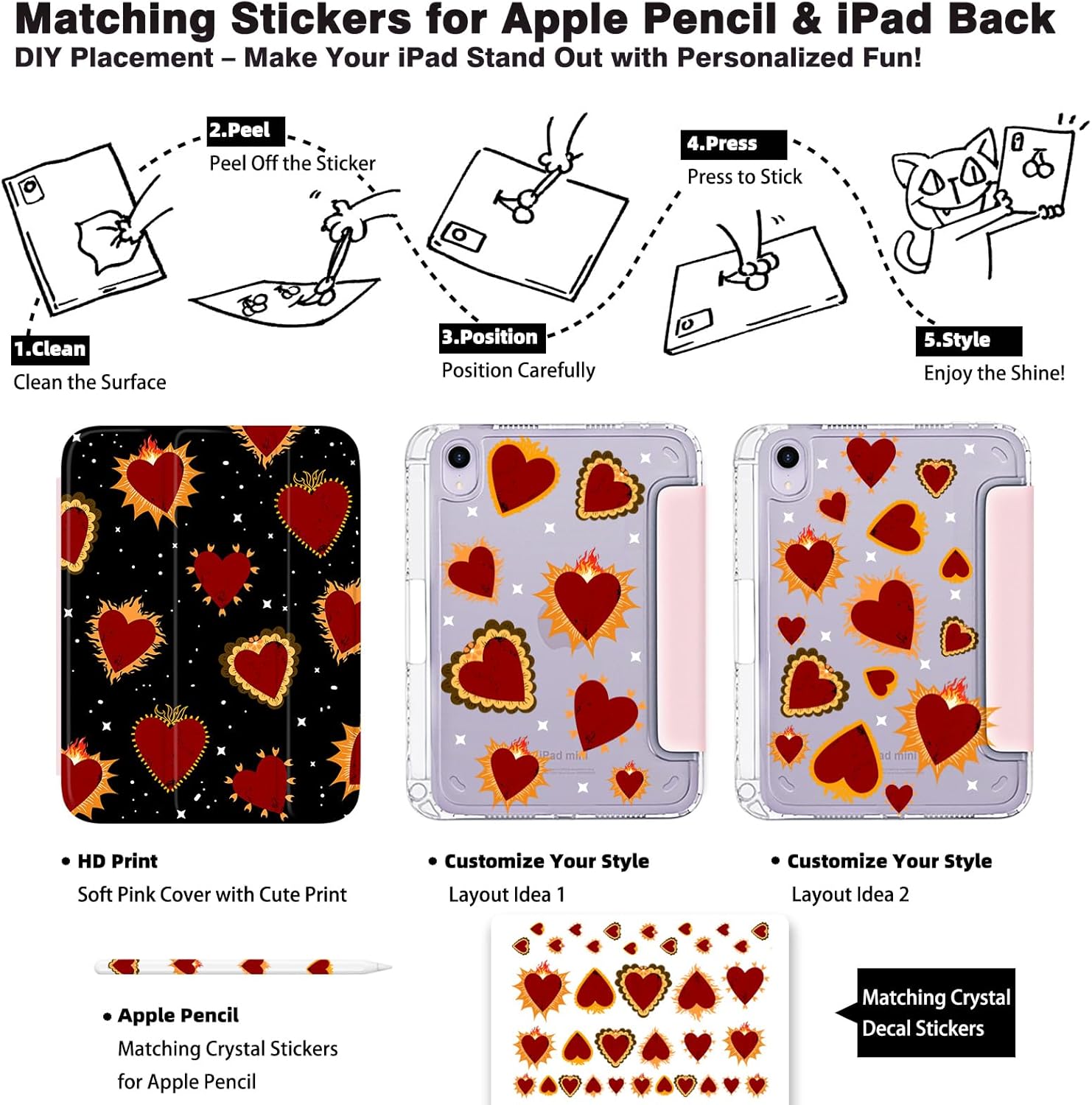 Red Heart Flame iPad mini 6/7 Case for Women & Girls - Shockproof Transparent Cover with Pencil Holder, 3-Fold Stand, DIY Sticker & Auto Wake/Sleep