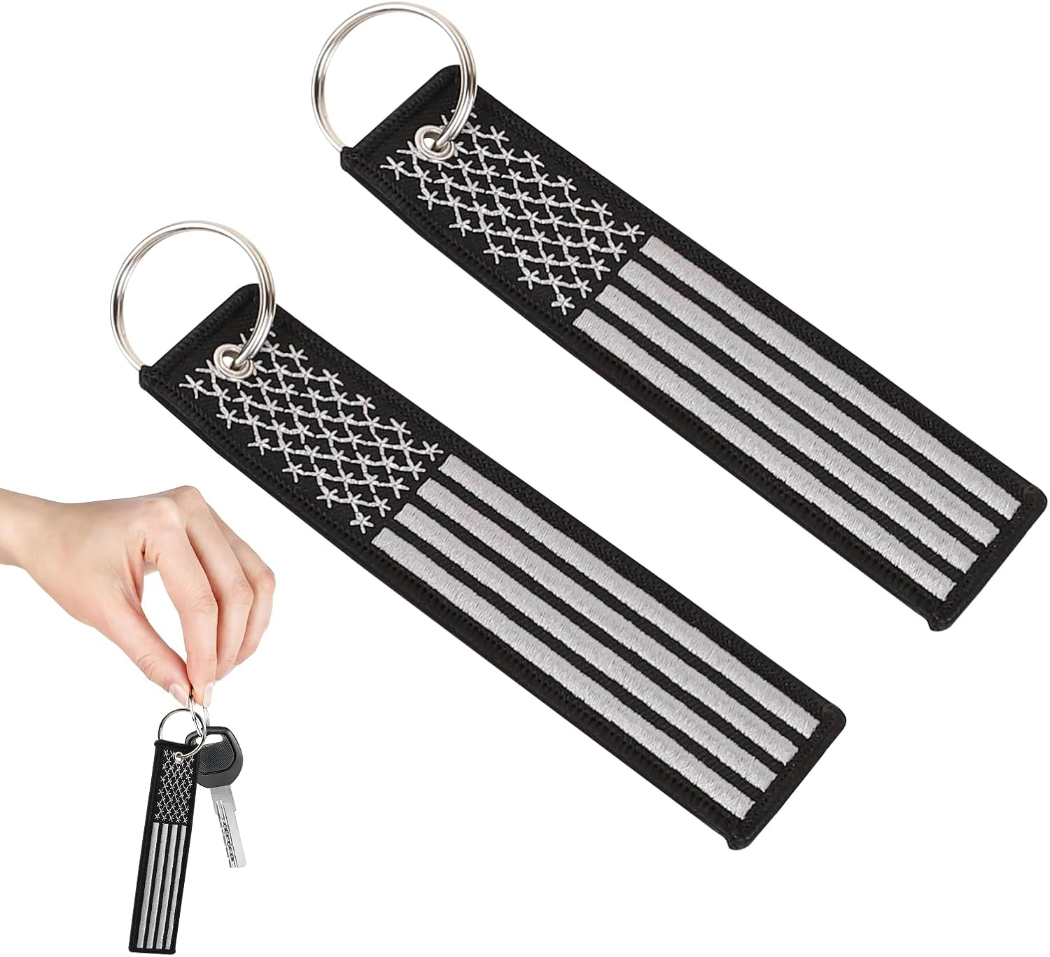 Hovom 2PCS American Flag Key Chain, Patriotic USA Flag Keychain Tag with Key Ring, Keychain Lanyard for Motor Gift Backpack (Black+Army Green)