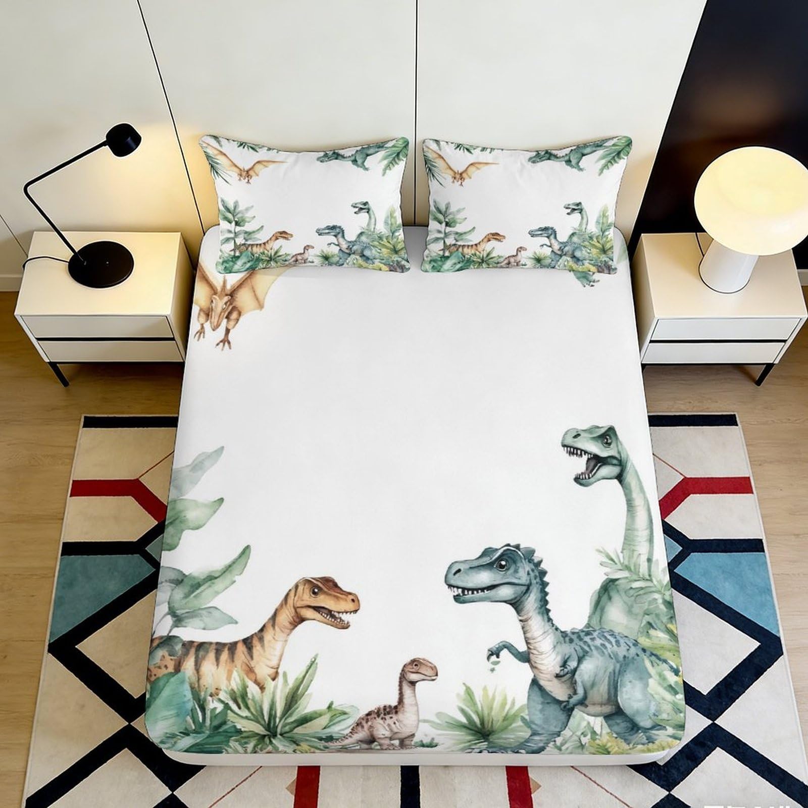 3D Printed Dinosaur Jungle Fitted Sheet Microfiber Soft Breathable Cartoon Bed Cover for Bedroom Guest Room Decor 90x200x25cm