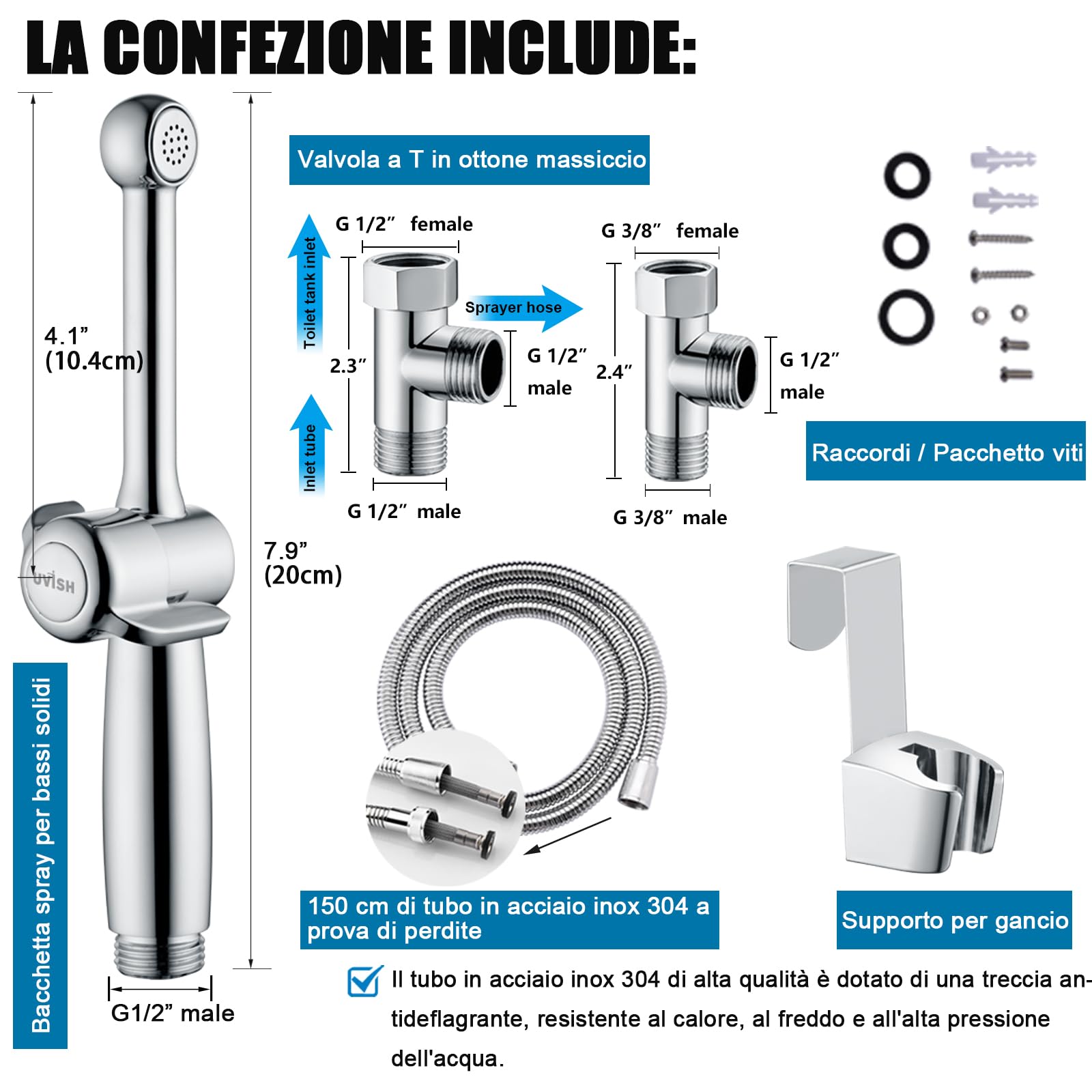 Spruzzatore portatile per bidet WC in ottone, attacco per bidet da 20,1 cm con tubo flessibile per igiene personale doccia musulmana Shattaf con pressione regolabile G1/2" e valvola a T G3/8",