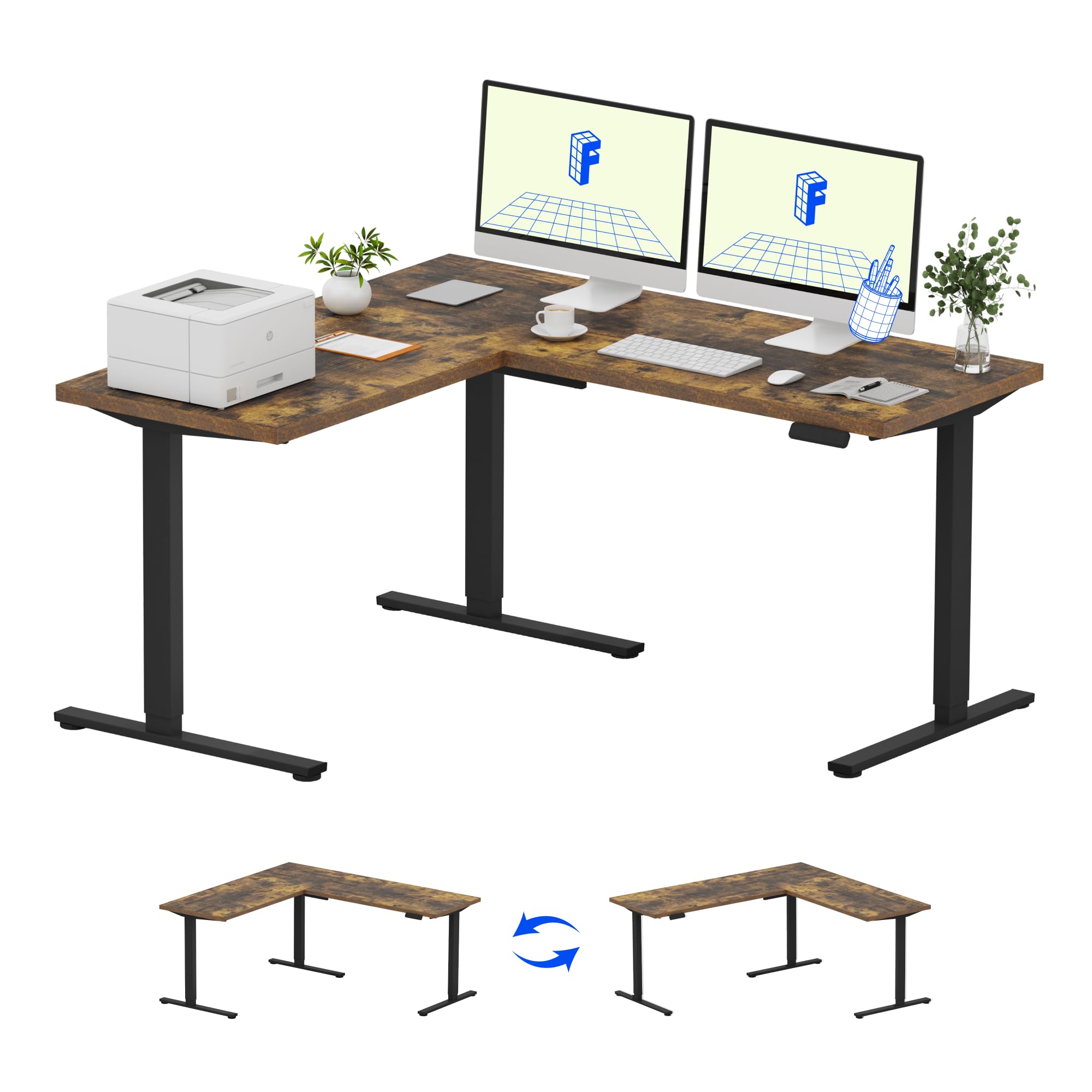 FLEXISPOTL Shaped Standing Desk, 63 x 55 Inch Electric Height Adjustable Corner Desk, Sit Stand Computer Workstation, Preset Controller, Home Office, Black Frame with Rustic Brown Top