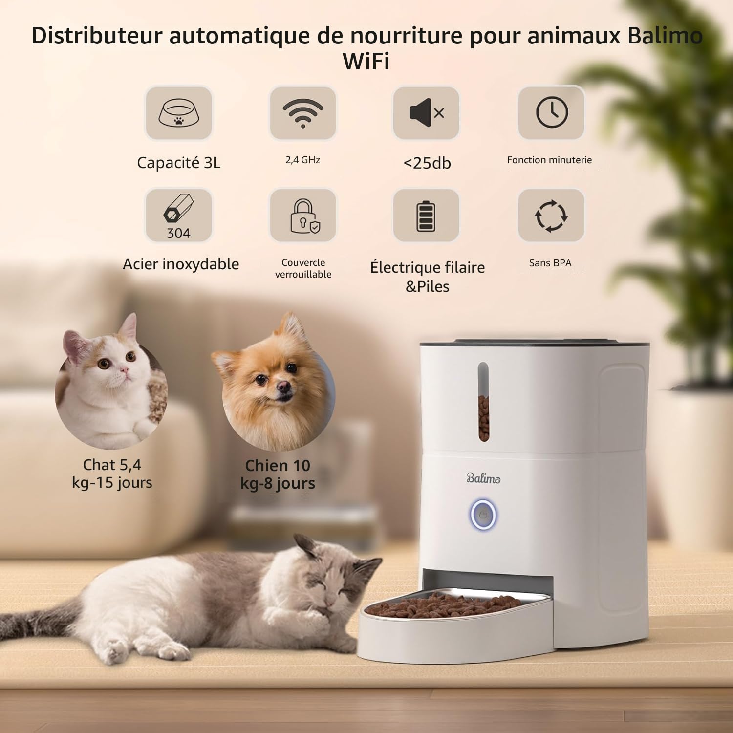 Balimo Distributeur Croquettes Chat Automatique, 2.4G WiFi 3L Distributeur De Croquettes pour Chat, 1-10 Repas par, Convient Aux Chiens et Chats, Blanc