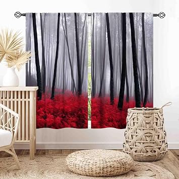 Black Red Curtains, Gothic Fantasy Forest Misty Foggy Mysterious Nature Woodland Tree Branch Art Print Landscape Scenery Blackout Window Drapes Treatments for Living Room Bedroom Kitchen,84"x63" Inch