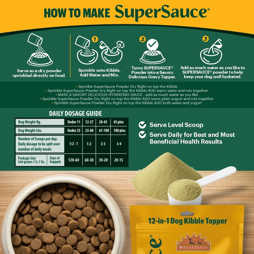 SUPERSAUCE Dog Probiotics, Bone Broth, Superfoods & Multivitamins, 12 in 1 Dog Food Topper Powder Supplement. Supports Healthy Joints, Skin, Digestion and Immune System