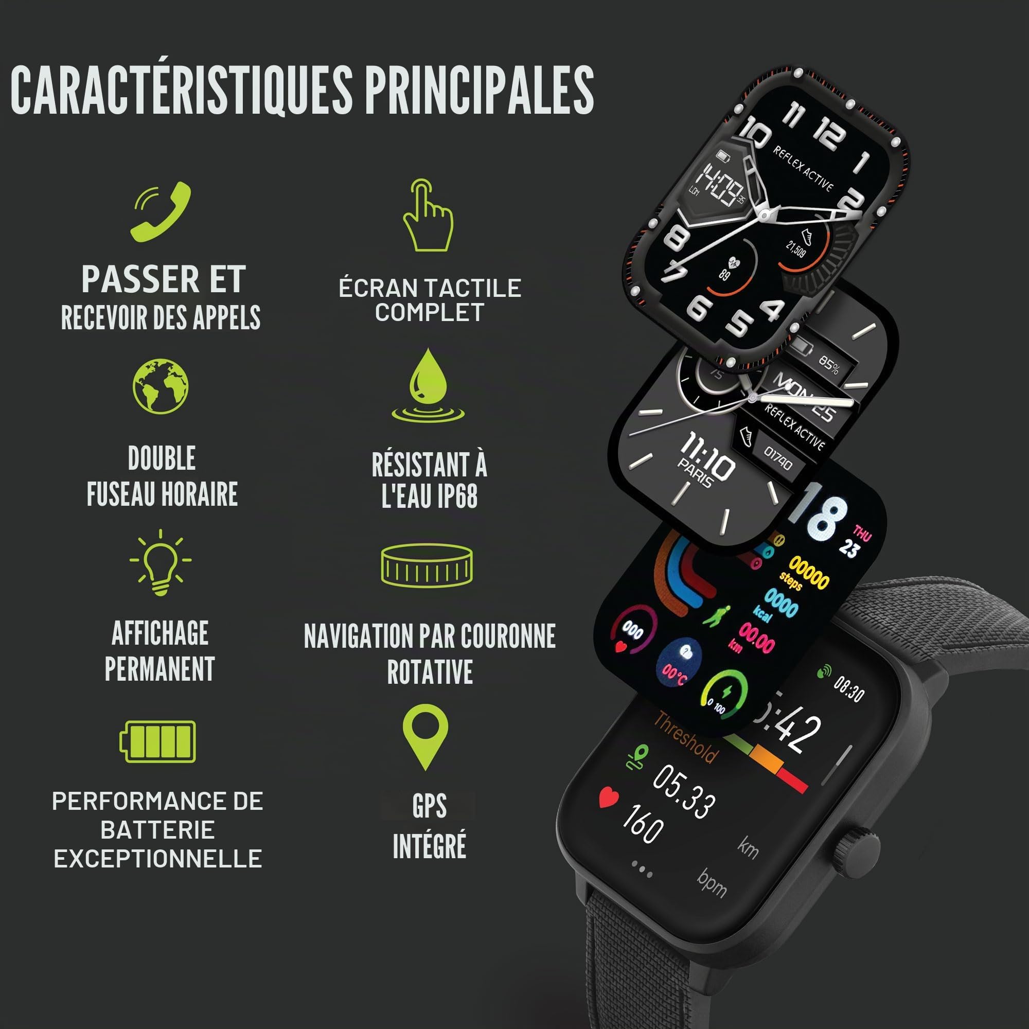 Reflex Active Amoled Series 44 Montre intelligente pour homme et femme avec GPS intégré, étanchéité IP68, modes sportifs, compteur de pas, moniteur de sommeil, double affichage de l'heure et bracelet