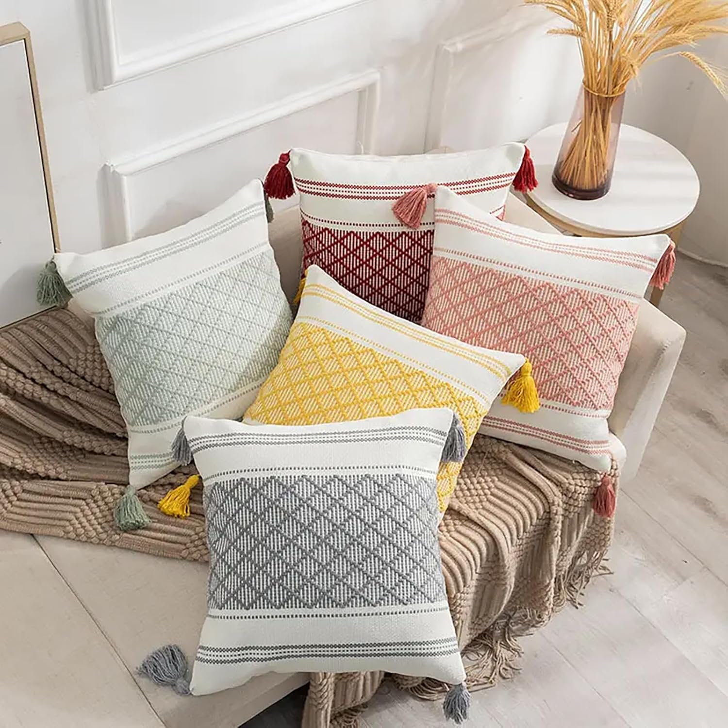 Archie & Pixie Set of 2 Woven Diamond Lattice Throw Pillow Cushion Covers with Fringed Tassels 18" X 18" (Peach Pink)