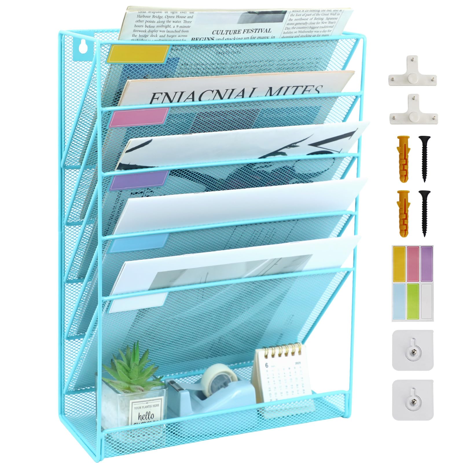 IOUGDSEC 6 Tier A4 Mesh Hanging Wall File Holder Magazine Document Holder Mail Organiser Magazine Storage Rack,Durable Metal Mesh Document Wall Organiser Desktop File Organizer,Sky Blue