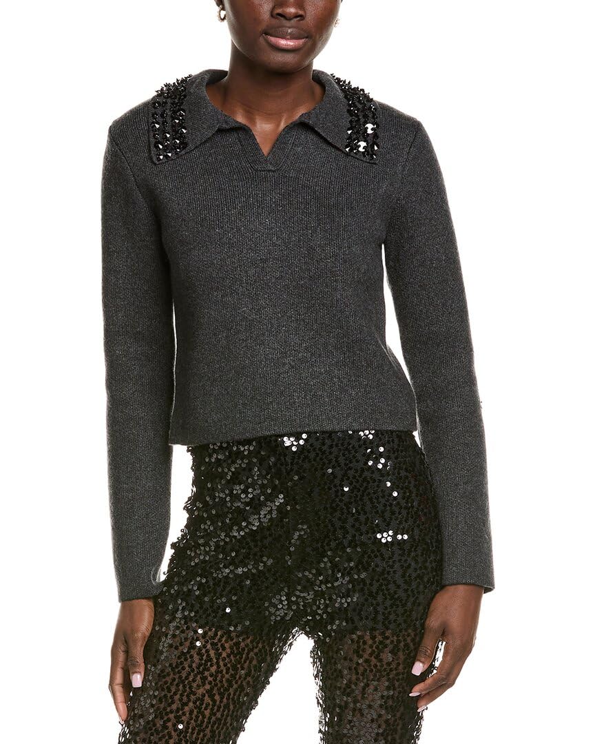 endless rose Womens Jewel Trim Collared Wool-Blend Sweater S Grey