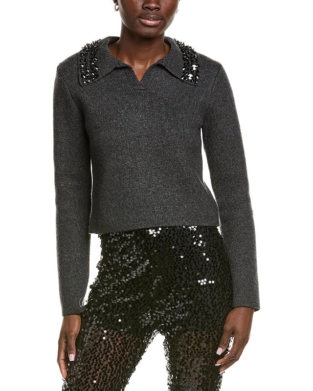 endless rose Womens Jewel Trim Collared Wool-Blend Sweater S Grey