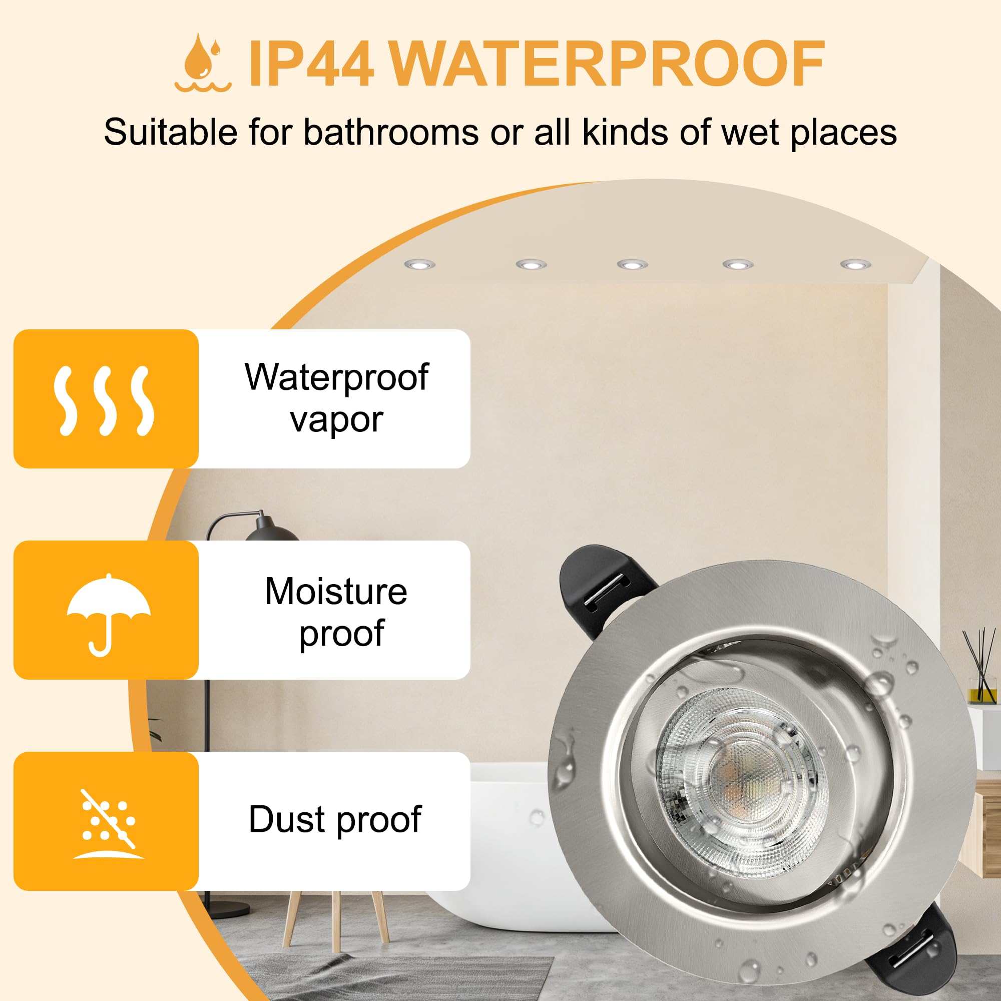 LED Einbaustrahler 230V Dimmbar 68mm 5.5W IP44 LED Spots Ultra Flach Deckenspots 45° Schwenkbar Einbauleuchten Warmweiß Neutralweiß Kaltweiß Einbauspots für Bad Wohnzimmer, Nickel 6er Set