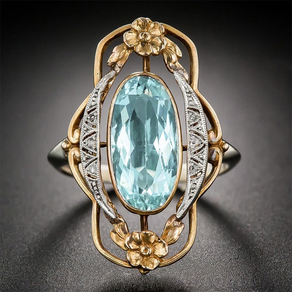 14K Gold Plated Art Deco Flower Vintage Ring Oval Sea Blue Gemstone Statement Rings for Women 925 Silver Large Oval Cut Aquamarine Topaz Crystal Band Wife Birthday Anniversary Wedding Jewelry - Image 2