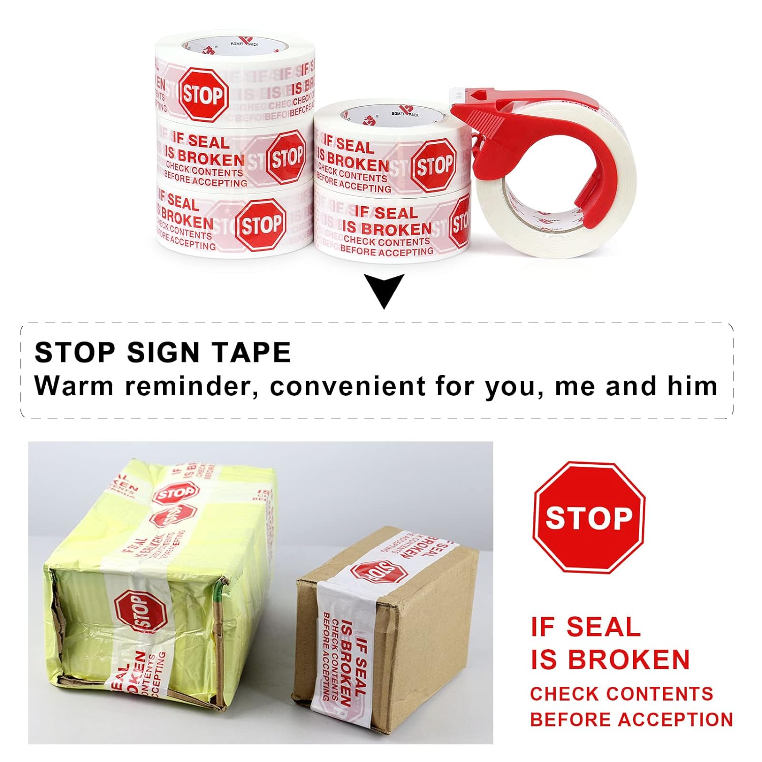 Stop Sign Sealing Tape Pre-Printed " IF SEAL IS BROKEN,CHECK CONTENTS BEFORE ACCEPTING" ,Heavy Duty Packing Tape with Dispenser 2 Inch x 110 Yards,Packaging Tape for Moving and Shipping (White)
