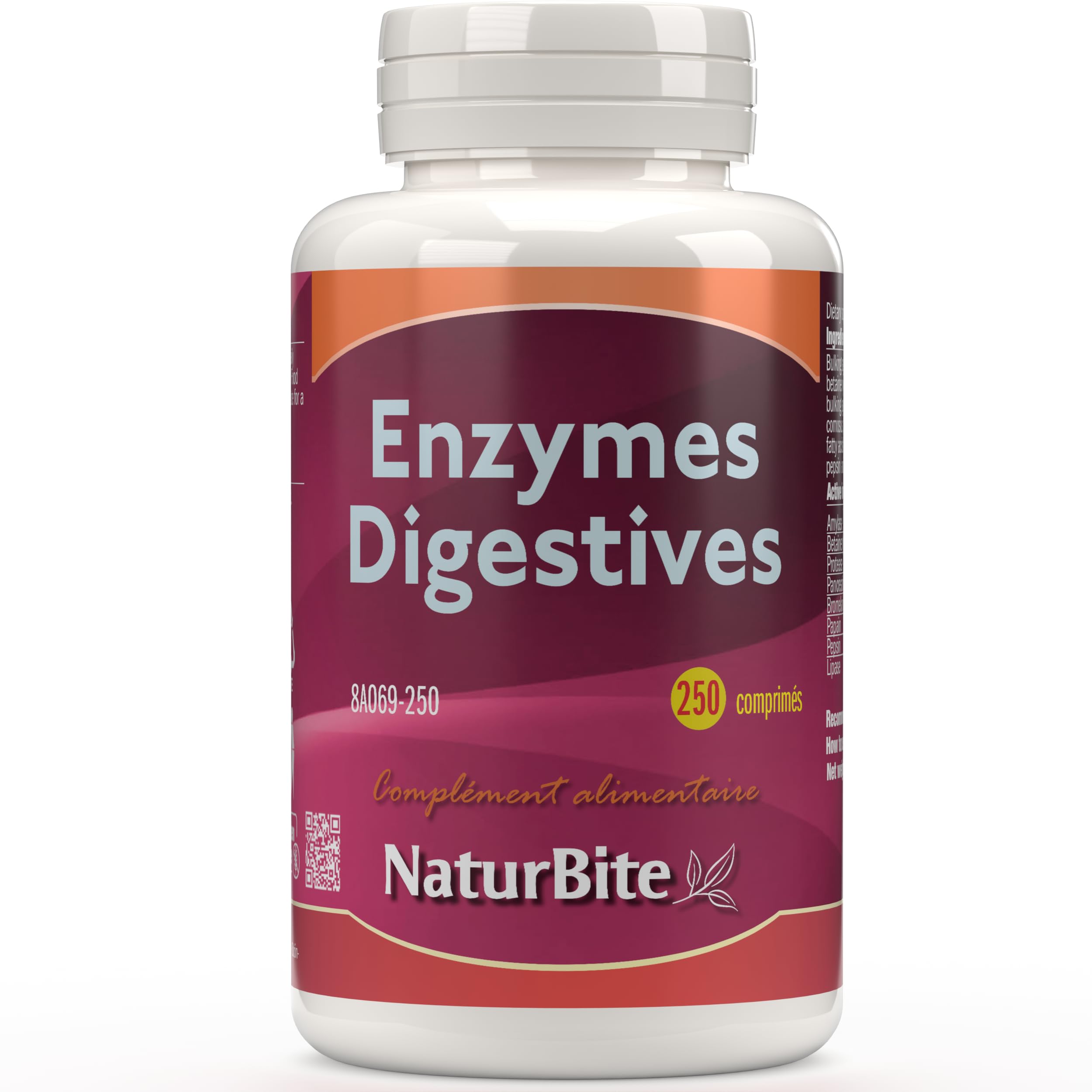Naturbite Enzymes Digestives, 250 comprimés. Améliorez Votre Processus Digestif en Facilitant la Décomposition et L'absorption des Nutriments Contenus dans les Aliments.
