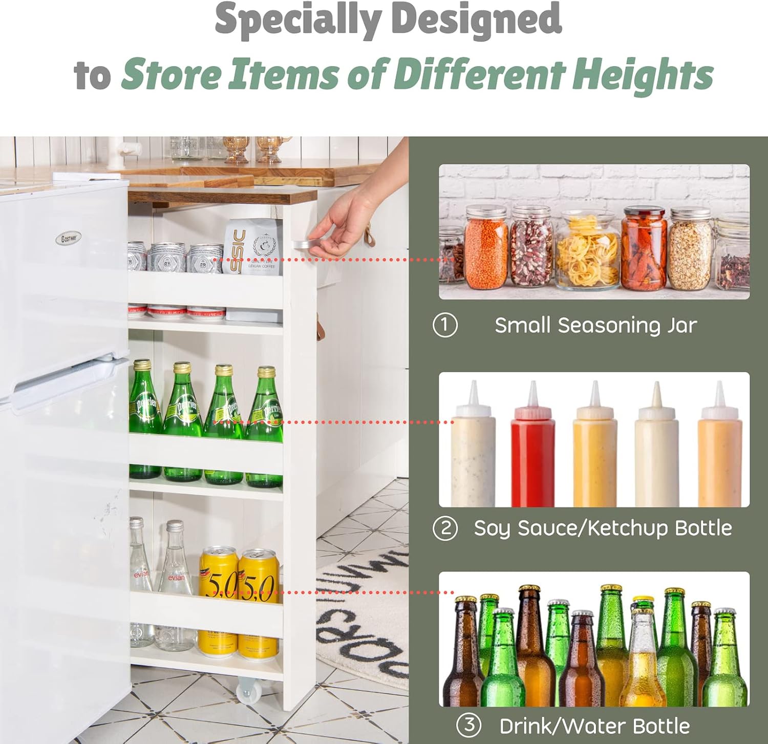Giantex Kitchen Slim Storage Cart 4 Tier, Rolling Side Storage Cabinet w/Handle, Space Saving, Kitchen Utility Cart Tower Rack for Kitchen Laundry Narrow Places (White & Brown)