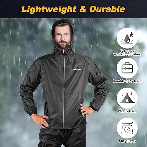 Miniatura 4 de LAMA Traje de lluvia ligero e impermeable para hombres y mujeres, chaqueta de lluvia transpirable con capucha y pantalón, impermeable suave y