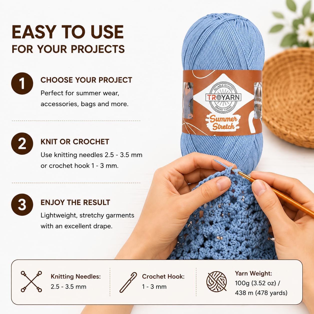 SummerStretch Yarn for Crochet and Knitting, 4 Skeins Light Blue Yarn, 400g Total, 1752 Yards, Soft Elastic Acrylic Blend for Bikinis, Bags and Lightweight Summer Projects, 114350 Light Blue