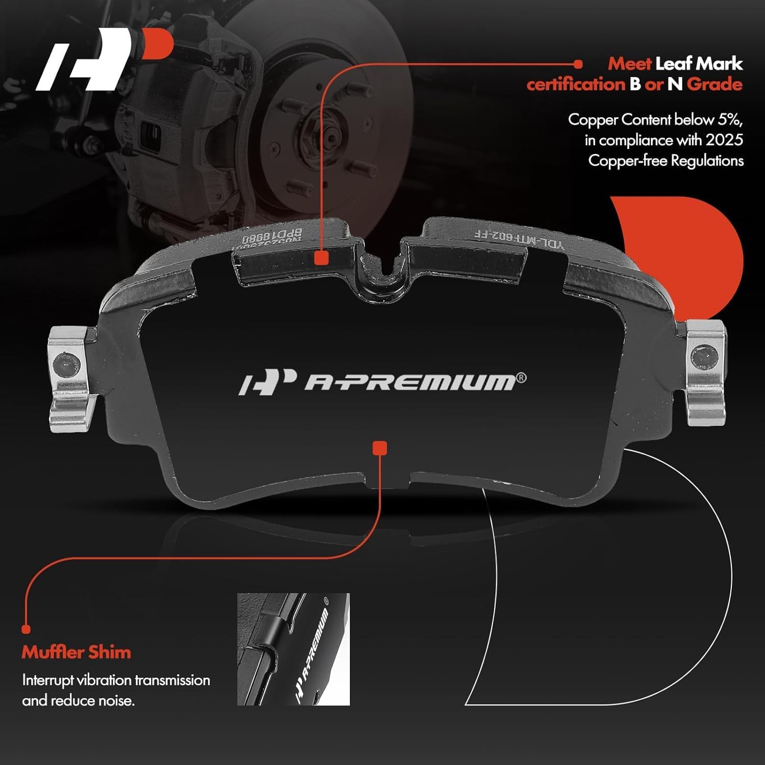 A-Premium Rear Ceramic Brake Pads Set Compatible with Audi A4 2017-2020, Q5 2018-2020, Q5 PHEV, A4/A6 Allroad, A4/A5/A6 Quattro, A5 Sportback, A7 Sportback, RS5, S4, S5, RS5/S5 Sportback, 4-Pack
