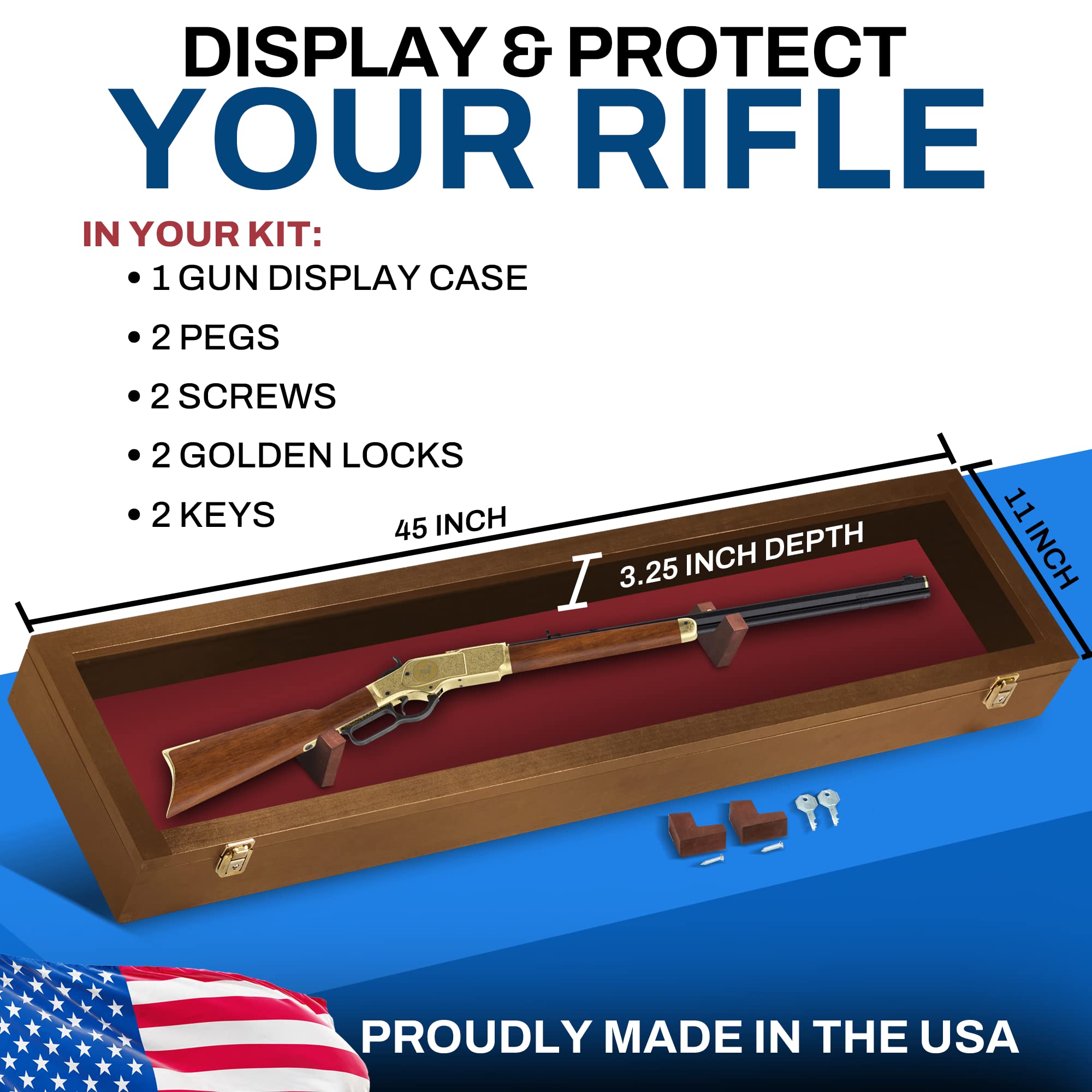 PENNZONI Gun Display Case - Lockable Rifle Display Case - Gun Cabinets for Rifles & Shotguns - Sword Wall Mount, Gun Wall Mount Display Case w/Acrylic Door | Walnut, Red Felt