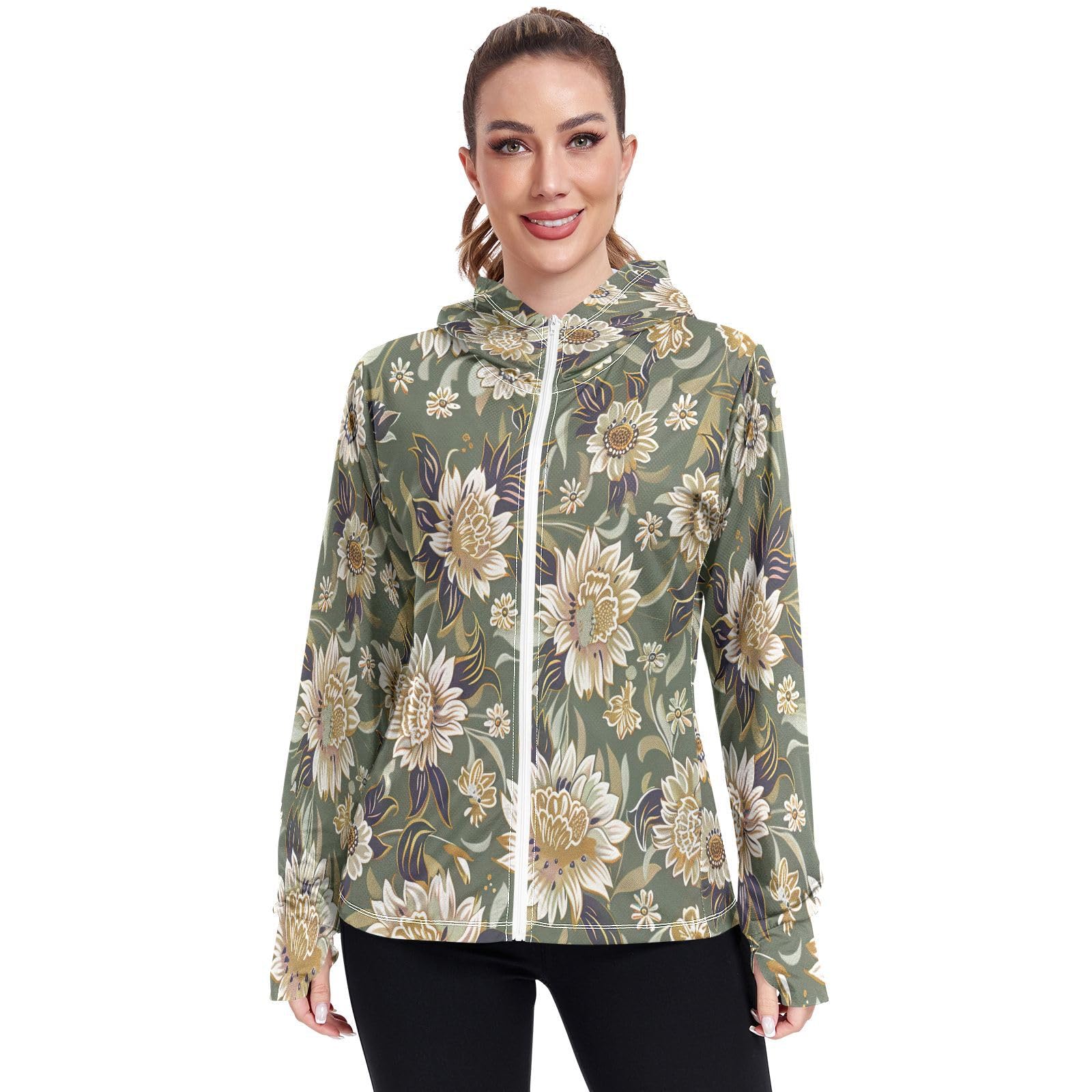 Kigai Flower Women's UPF 50+ Sun Protection Hoodie Jacket with Pocket Zip Long Sleeve Sun Shirt for Gardening Hiking Outdoor