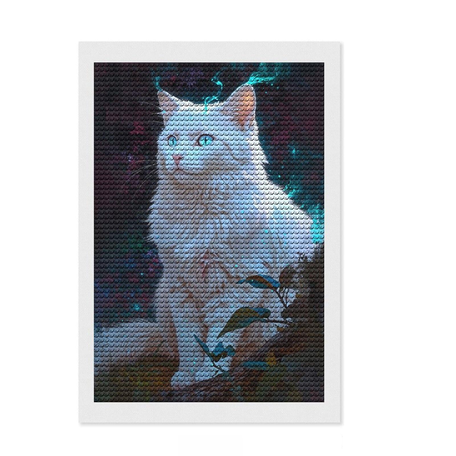 Junmoney Enchanted White Cat Diamond Painting Set 8"x12", Relaxing DIY Hobby, Farmhouse Decor, for Creative Relaxation, Birthday Gift