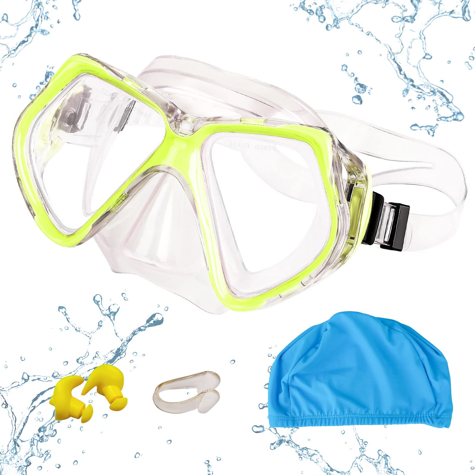 MengQiLe Gafas de Buceo PVC, Mascara Buceo, Gafas de Buceo con Tapa para la Nariz, Gafas de Buceo Antivaho y Antifugas Panorámicas HD de 180°para Adultos Mayores de 16 Años (Amarillo)