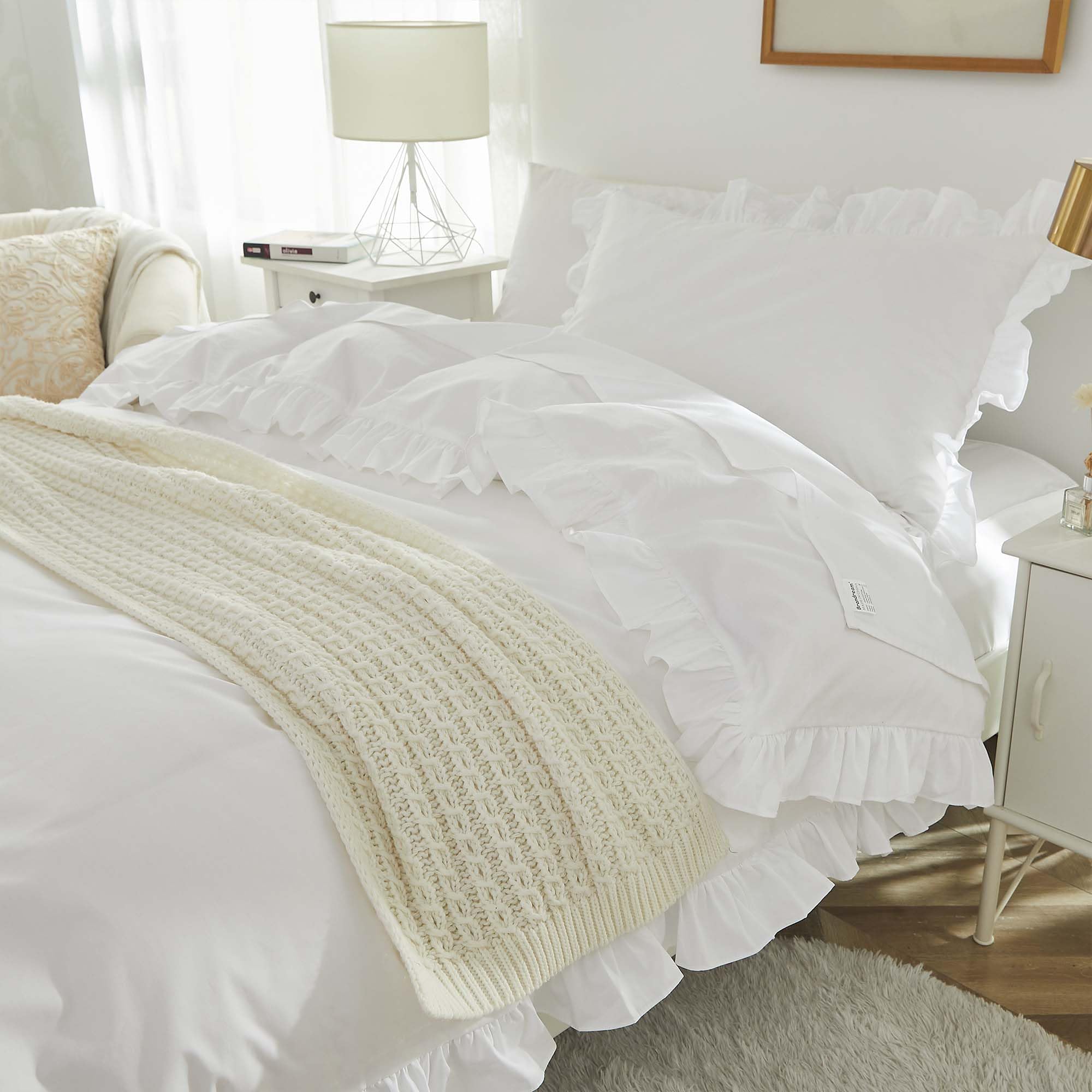 Brandream Kid's Duvet Cover Twin/Twin XL Size,100% Organic Cotton 2pcs Girl Bedding Duvet Cover Set, Ruffled Fringe Solid Color Soft Breathable with Zipper Closure & Corner Ties(White)