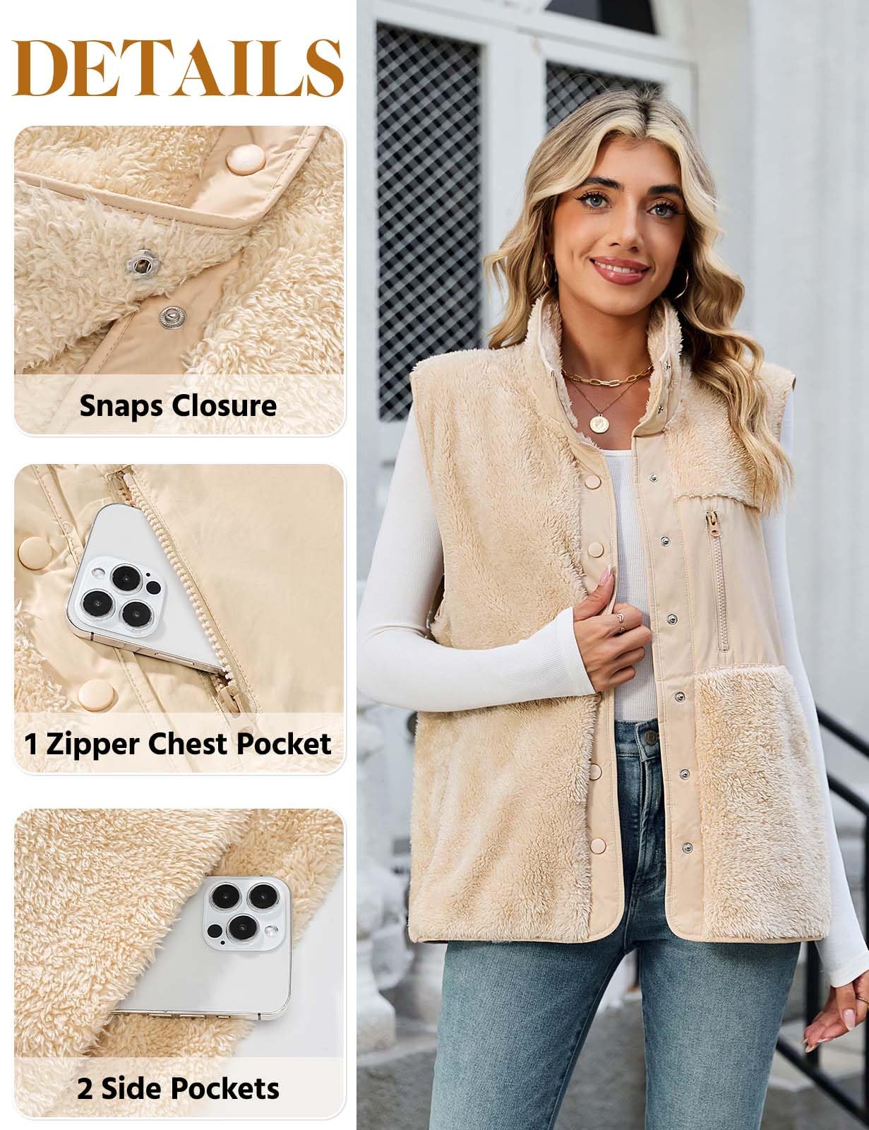 heekpek Gilet Donna Smanicato in Pile Teddy con Tasche