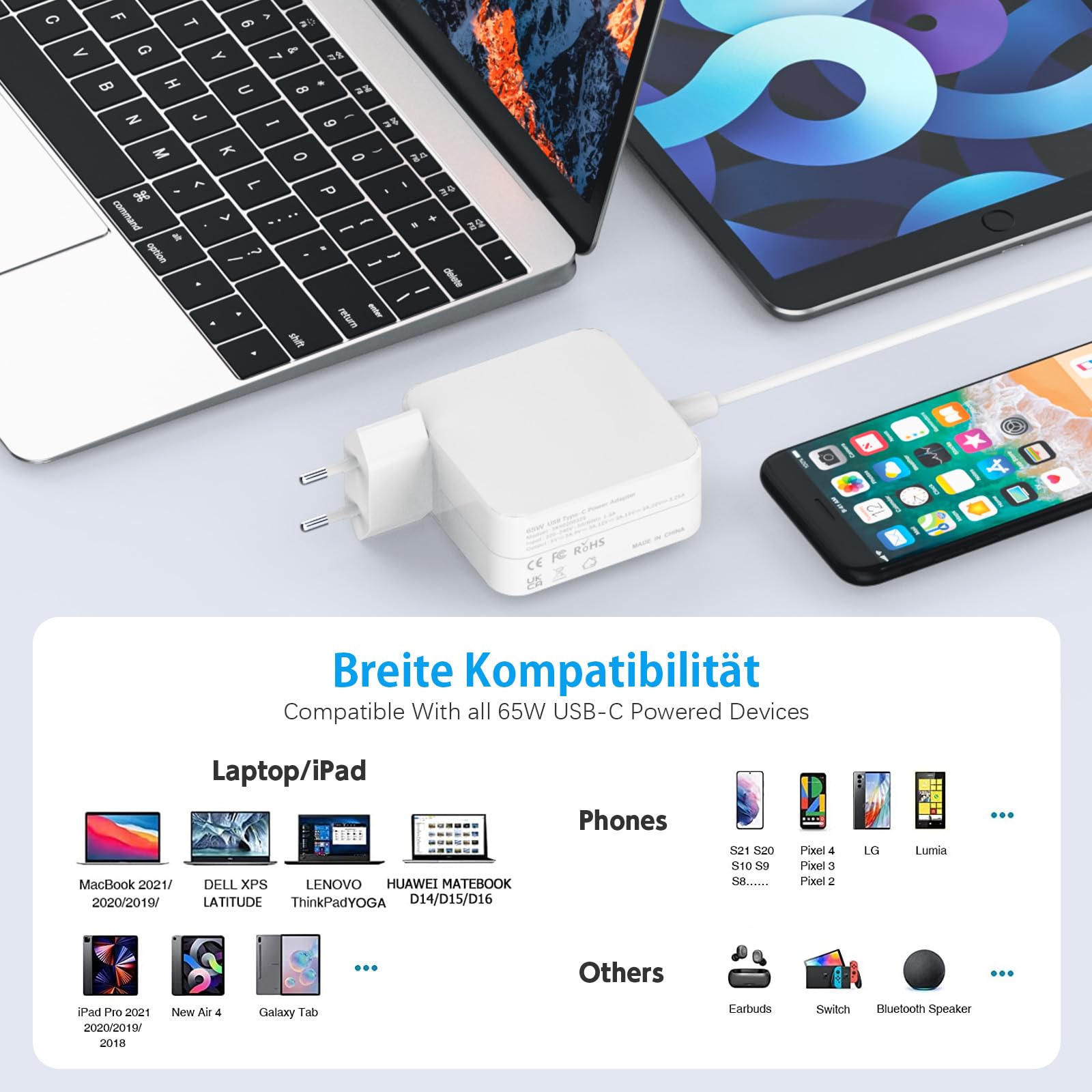 Quntis 65W 5-fach USB-C Ladegerät Mit Standfuß – 1x65W PD, 1x30W USB-C, 3x USB-A, Für Laptop & Handy