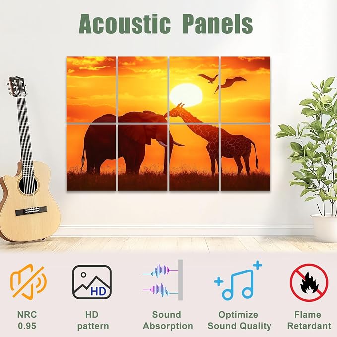 8 Pack Paneles Acústicos Decorativos Absorbentes de Sonido con Animales Africanos y Atardecer 48"x32" miniatura 3