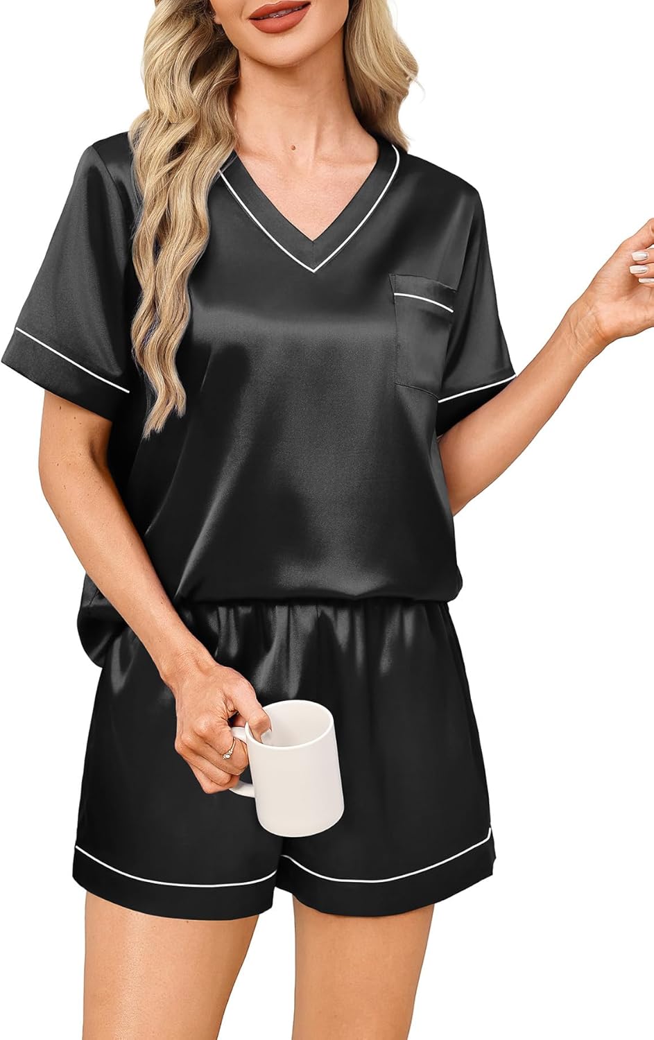 WIHOLL Lounge Sets for Women 2 Piece Summer Resort Wear Short Sleeve Loungewear Satin Pjs Shorts Set - Image 3