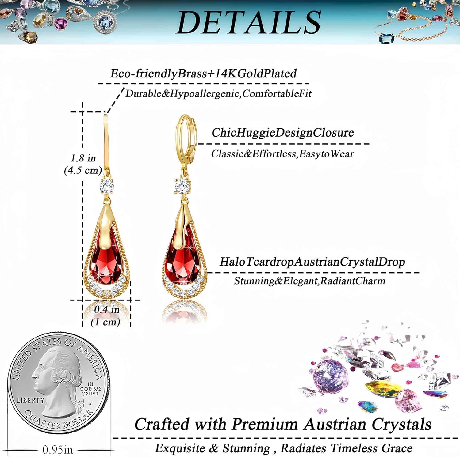 Trendy Austrian Crystal Teardrop Drop Huggie Dangle Earrings for Women 14k Rose Gold Plated Hypoallergenic Jewelry Gifts - Image 4