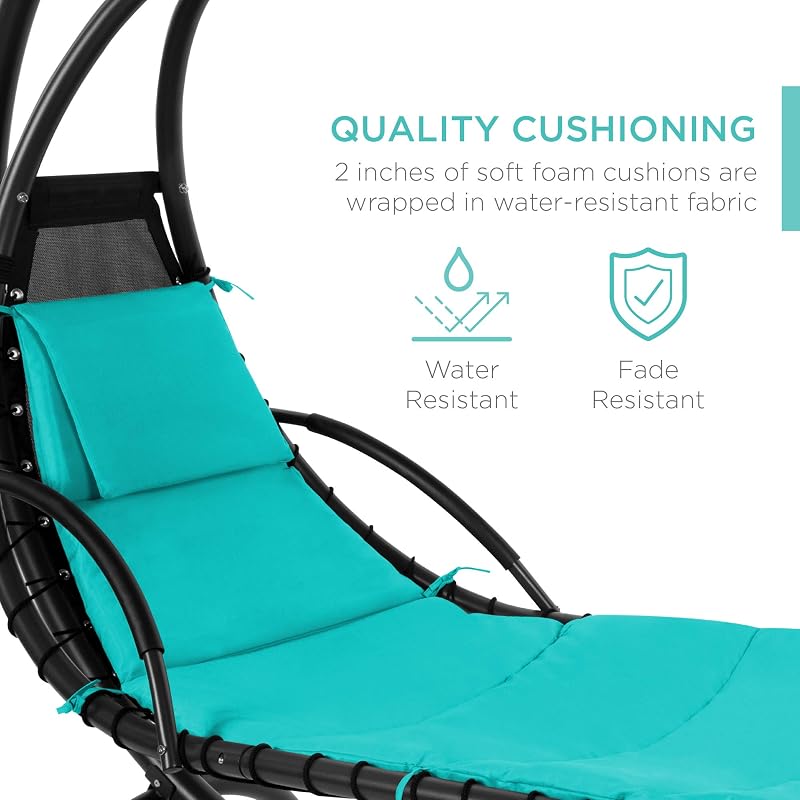 Best Choice Products Outdoor Hanging Curved Steel Chaise Lounge Chair Swing w/Built-in Pillow and Removable Canopy - Teal image 5