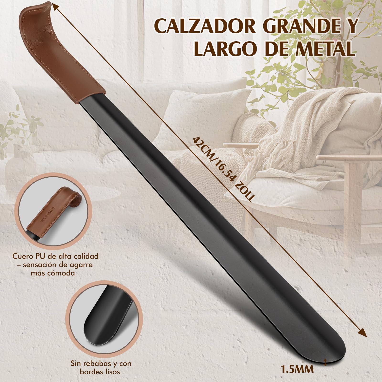 ZOMAKE Calzador de Acero Inoxidable Largo 42CM - Metalico Calzadores Largos Mango de Cuero Para Mujeres Embarazadas y Personas de La Tercera Edad(1 Pieza Negra A)