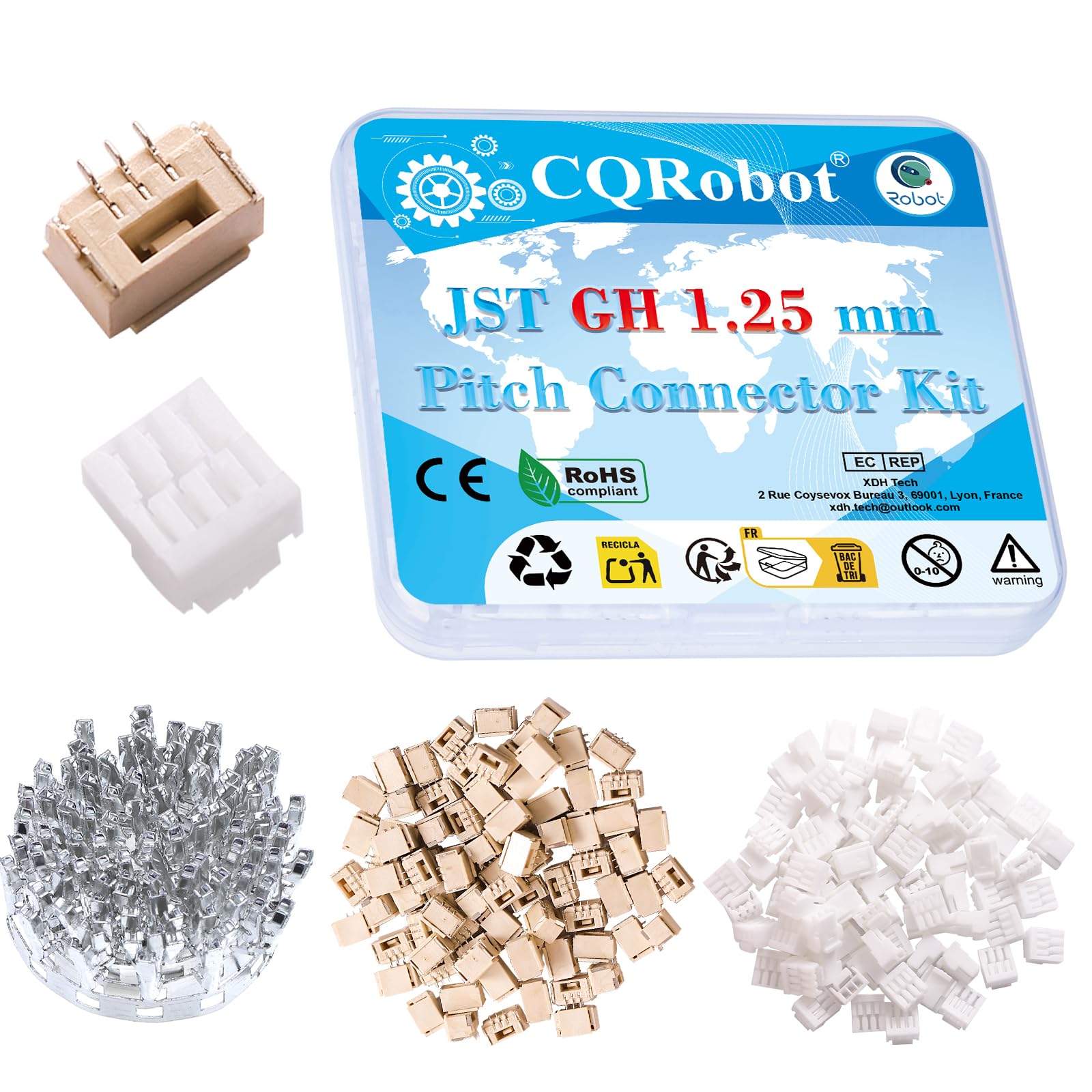 CQRobot JST GH 1,25 mm 3-pinowe złącze elektroniczne IC męskie złącze, żeńskie gniazdo i zacisk zaciskowy w kształcie litery T. 80 zestawów/400 sztuk elementów kabla adaptera ostrego drutu.