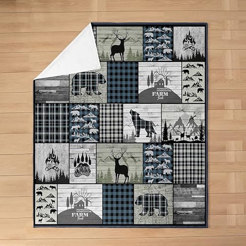 Feelyou Wildlife Flannel Fleece Blanket Set Rustic Western Cabin Bear Deer Plush Throw Blanket, For Sofa Couch Blue Grey Buffalo Check Bedding All Season,Bed Blanket Set Room Decor Throw 50"X60" #TOP2