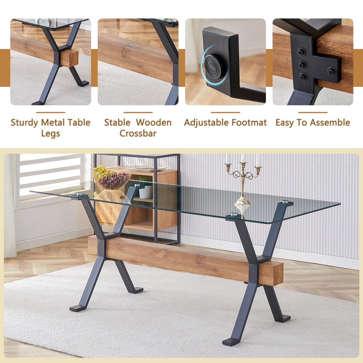 Ensemble de 6 tables de salle à manger modernes de 180,3 cm – Chaises en daim noir, pieds en X, barre transversale en bois de 1 cm d'épaisseur, plateau en verre trempé, assemblage facile, meubles de