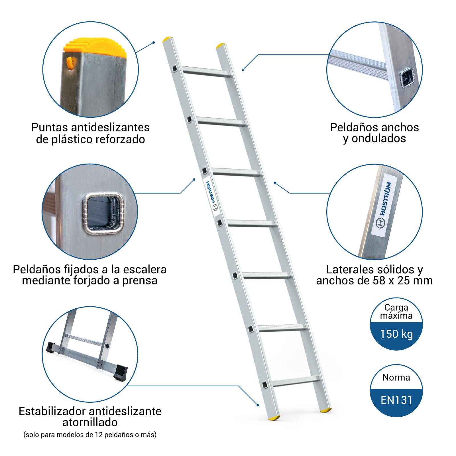 HOSTRÖM Escalera Simple StablePro 7 peldaños de Aluminio, Ligera y Duradera, Altura máxima de Trabajo 2,95 m, garantía de 5 años, Carga máxima 150 kg.