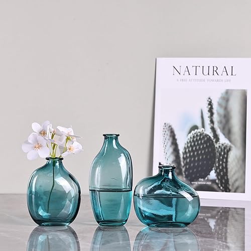 Miniatura 6 de Juego de 3 jarrones de cristal verde, moderno jarrón pequeño decorativo de flores frescas para el hogar, centro de mesa, boda, fiesta, oficina,