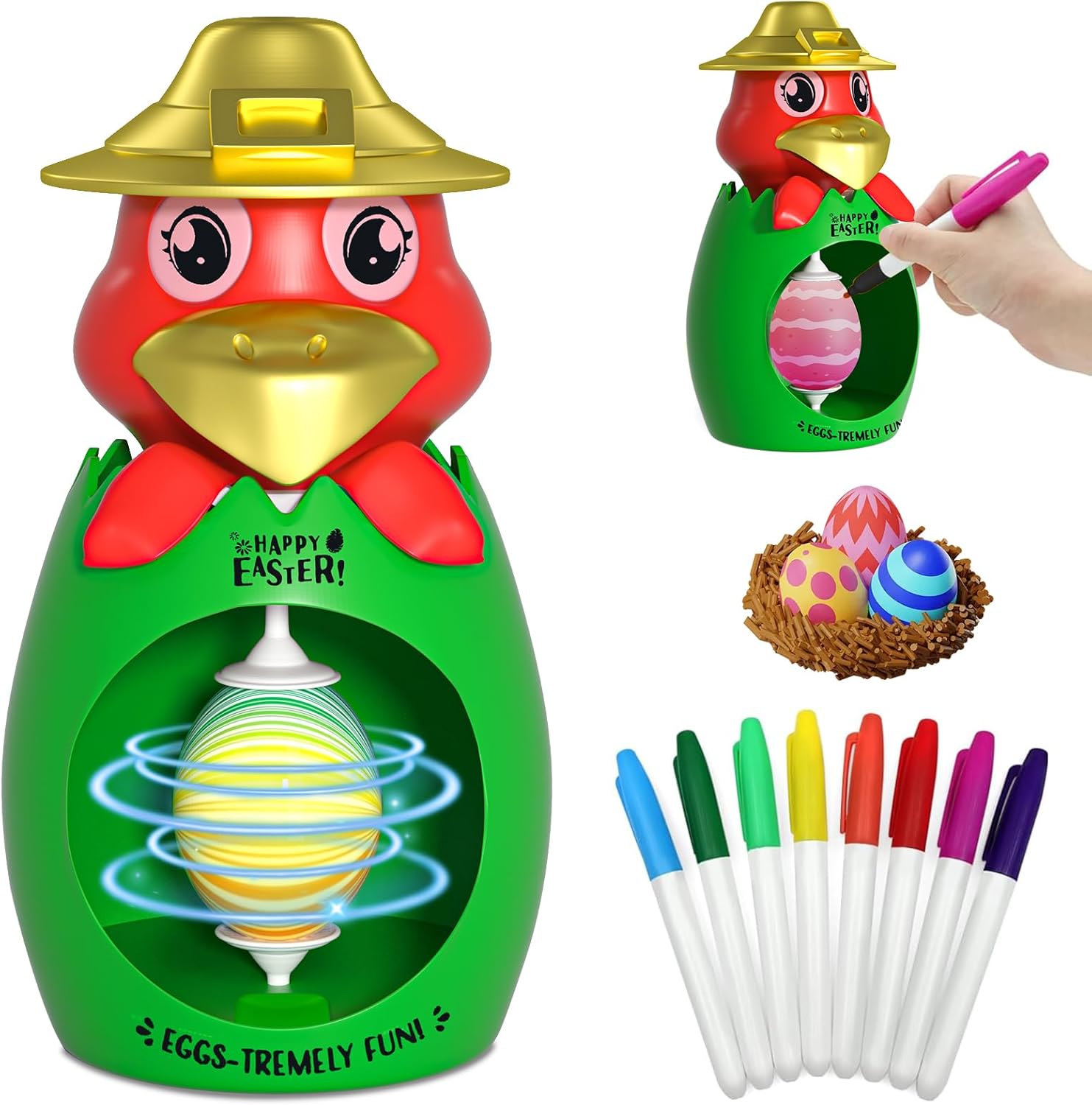 Haboqo Easter Egg Spinner Decorating Kit, DIY Easter Egg Coloring Kit with 8 Non-Toxic Markers 3 Plastic Fake Eggs, Easter Gifts for Kids Easter Basket Stuffers (Chicken)