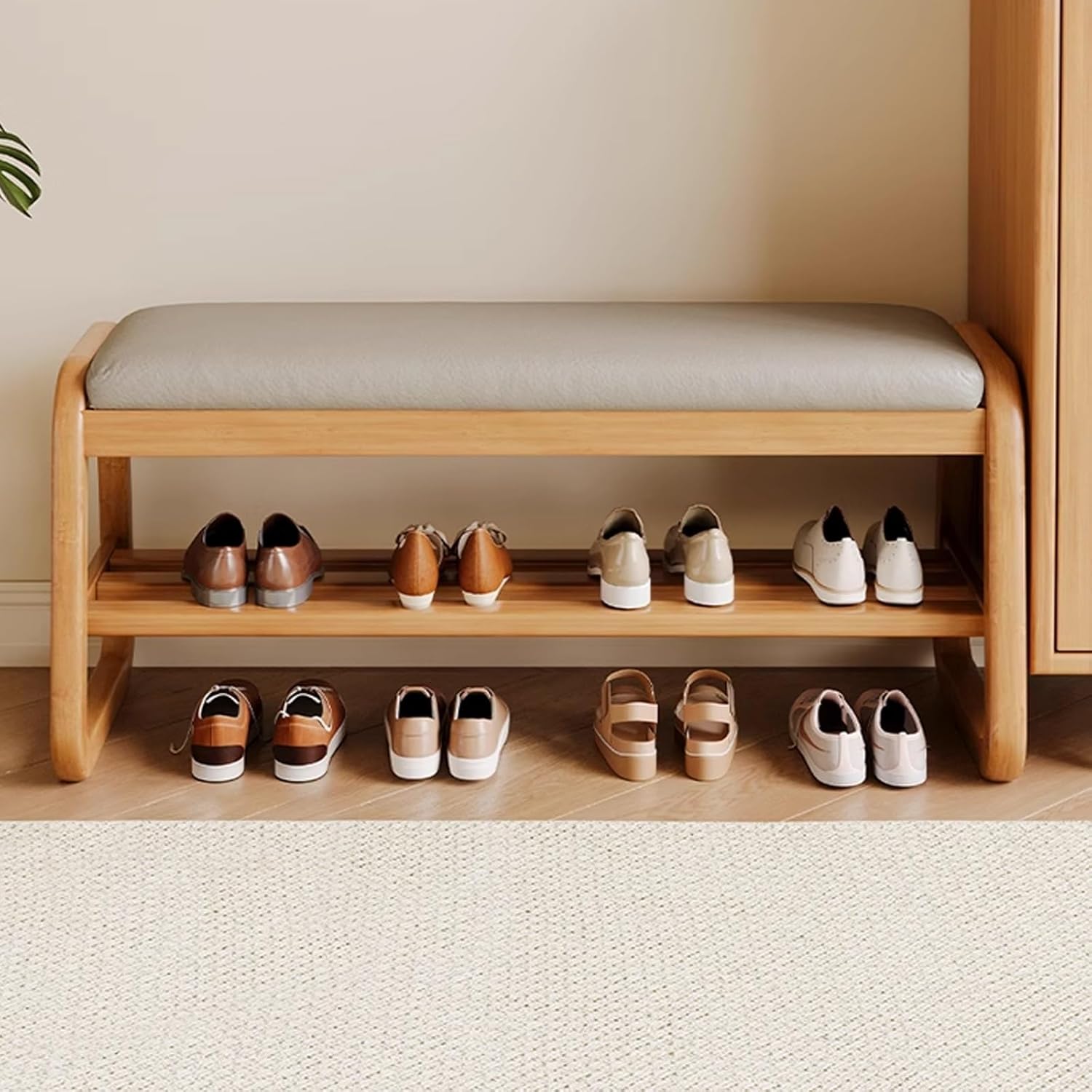 Solid Wood Shoe Bench, Entryway Storage Benches with Padded Seat Cushion, Shoe Rack End of Bed Stool Holds Up to 100kg/220lb, for Living Room, Bedroom, Cloakroom (Color : Natural, Size : 80